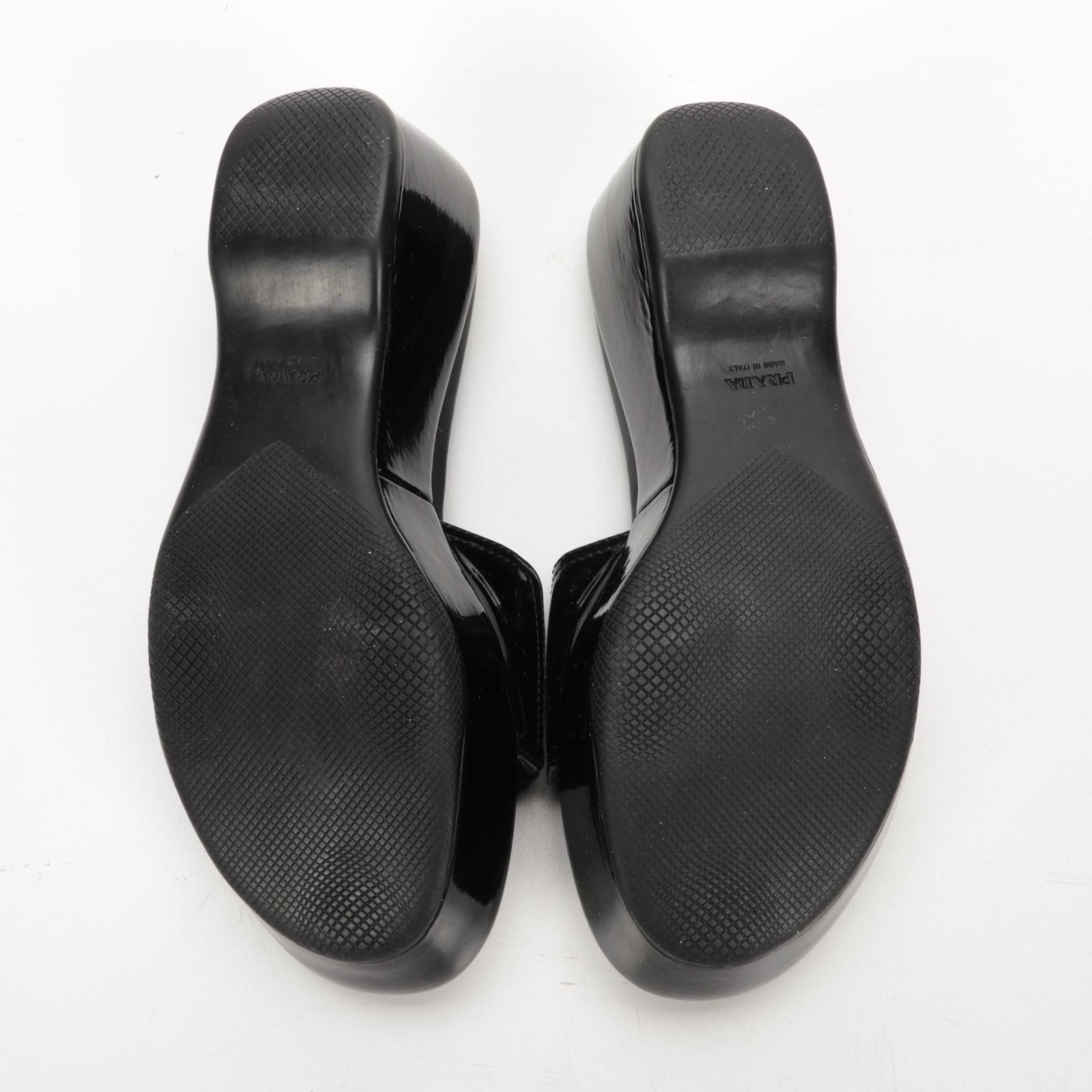 Prada Black Nylon and Patent Leather Wedge Slides