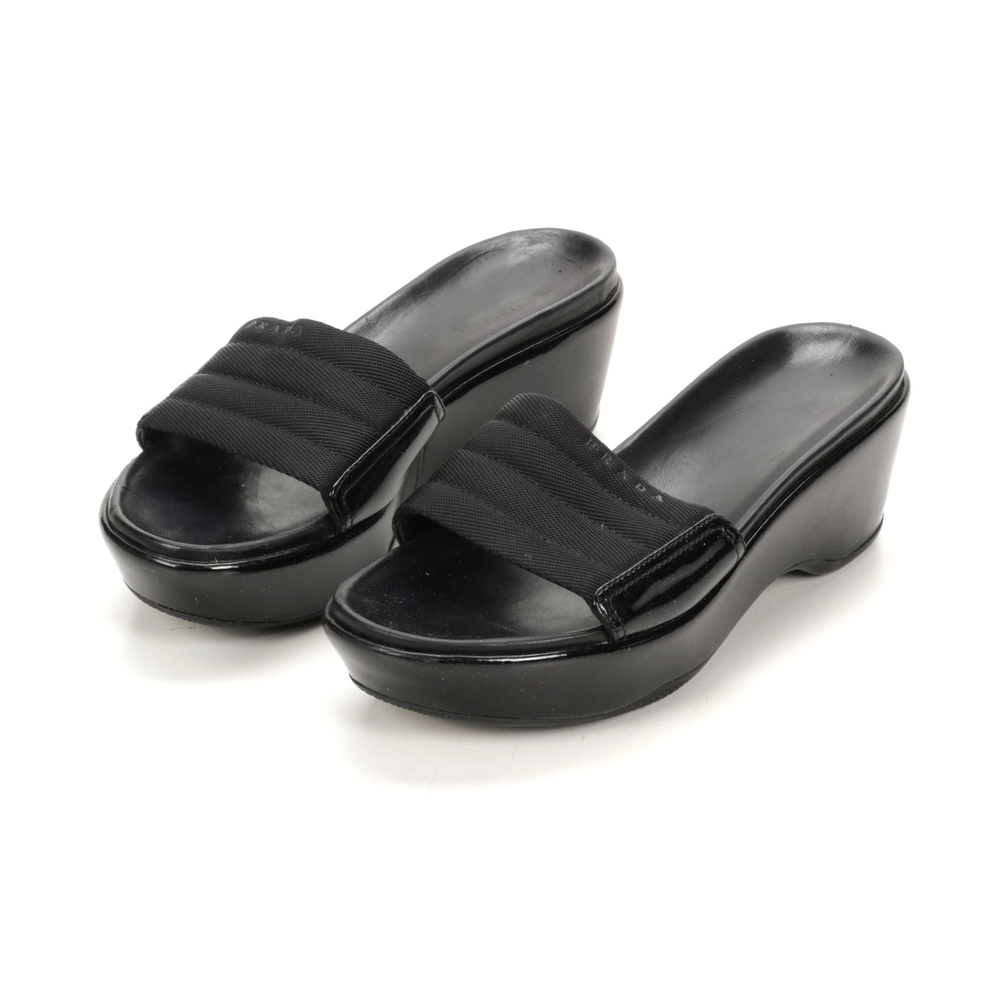 Prada Black Nylon and Patent Leather Wedge Slides