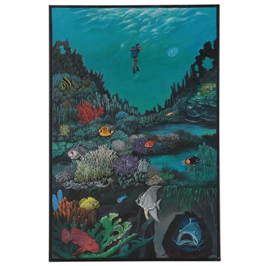 Dorothea S. Wendlandt Oil Painting of Scuba Diver in Coral Reef, Circa 2000