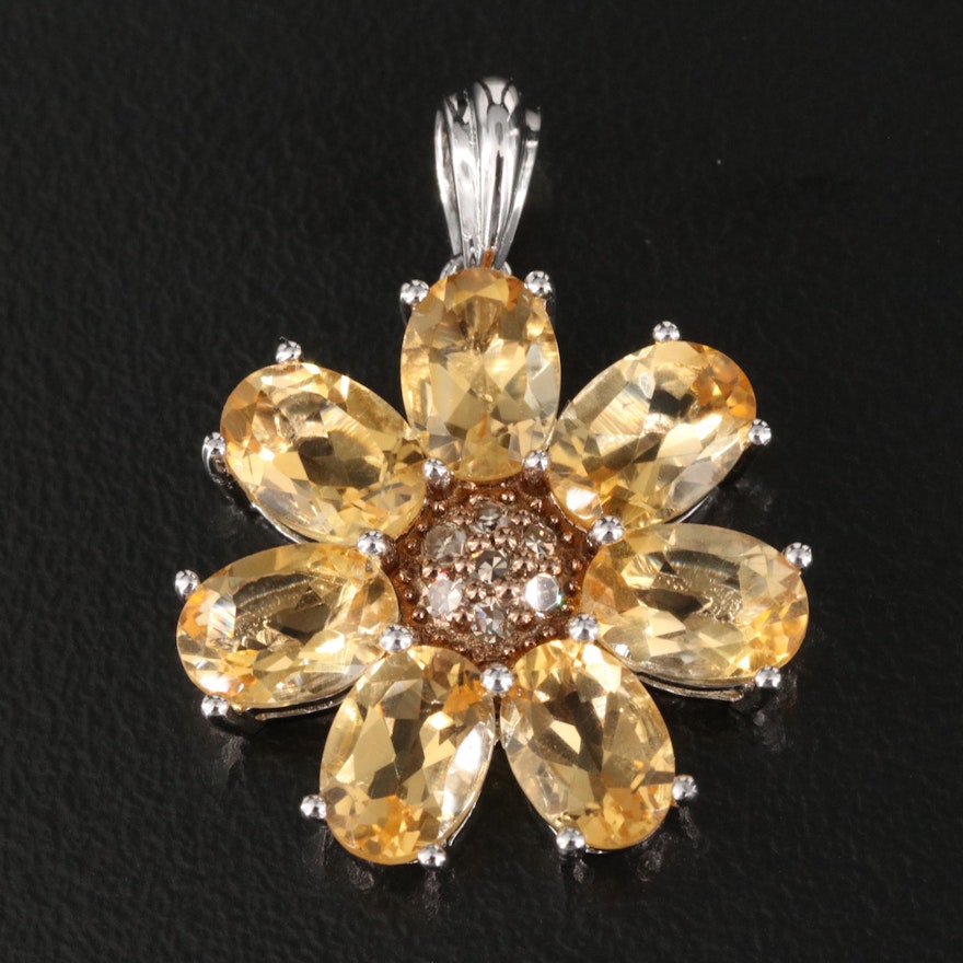 Sterling Citrine and Diamond Floral Pendant