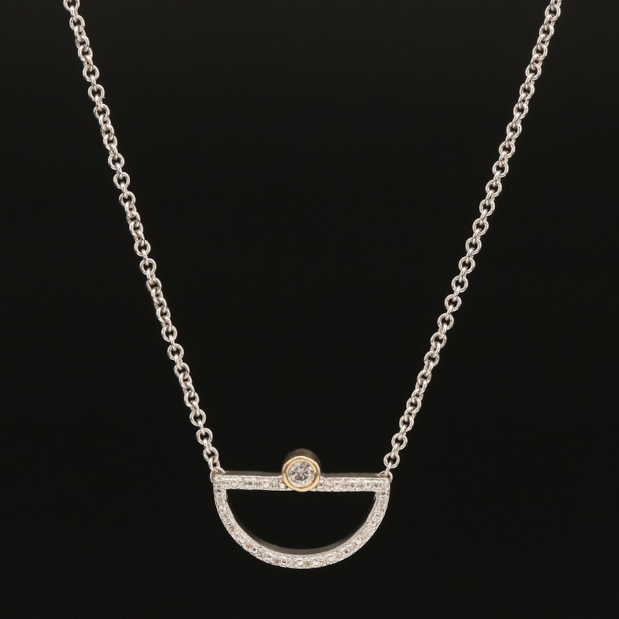 Sterling Bezel Set Diamond Half Circle Pendant Necklace with 10K Accent