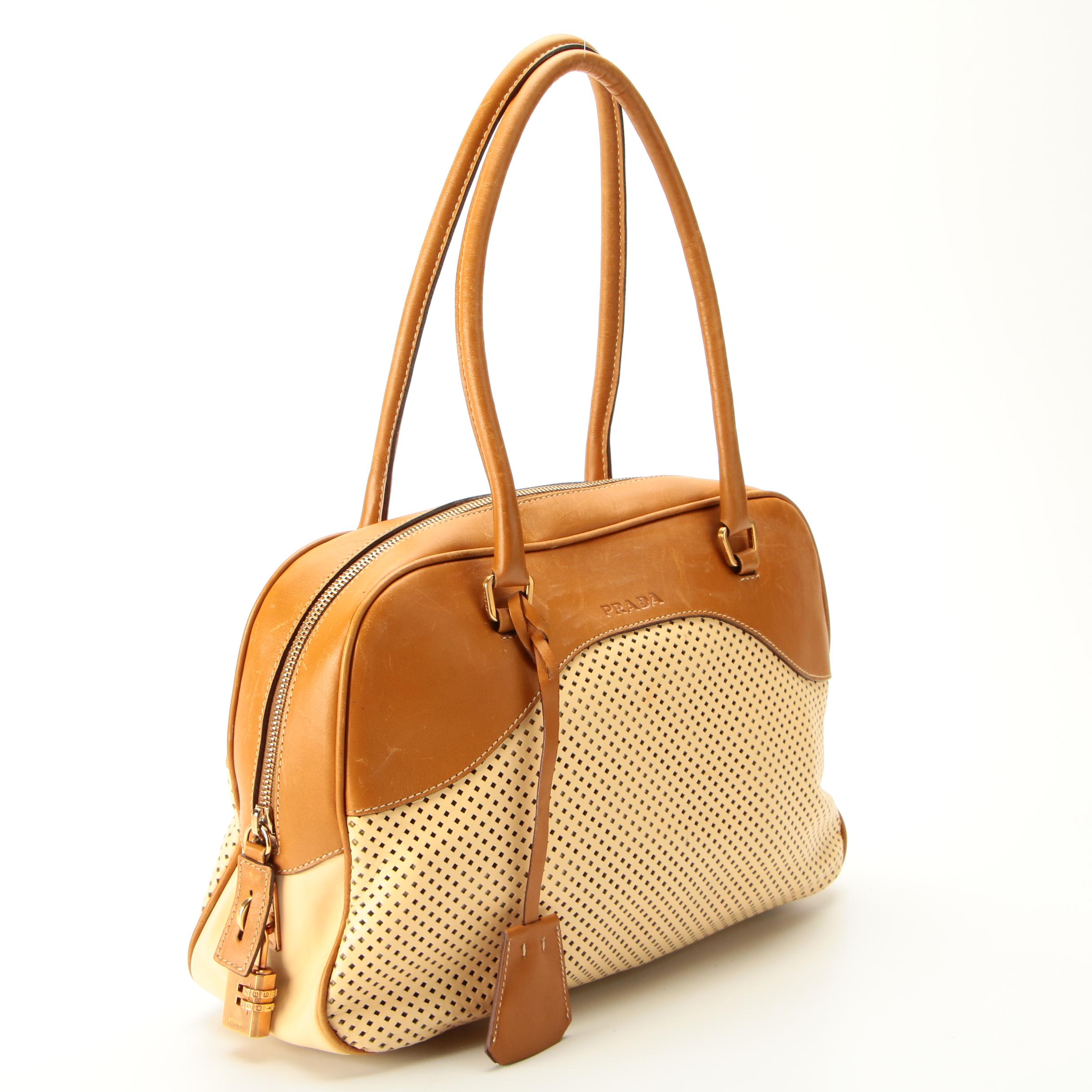 Prada Perforated Bicolor Leather Handbag