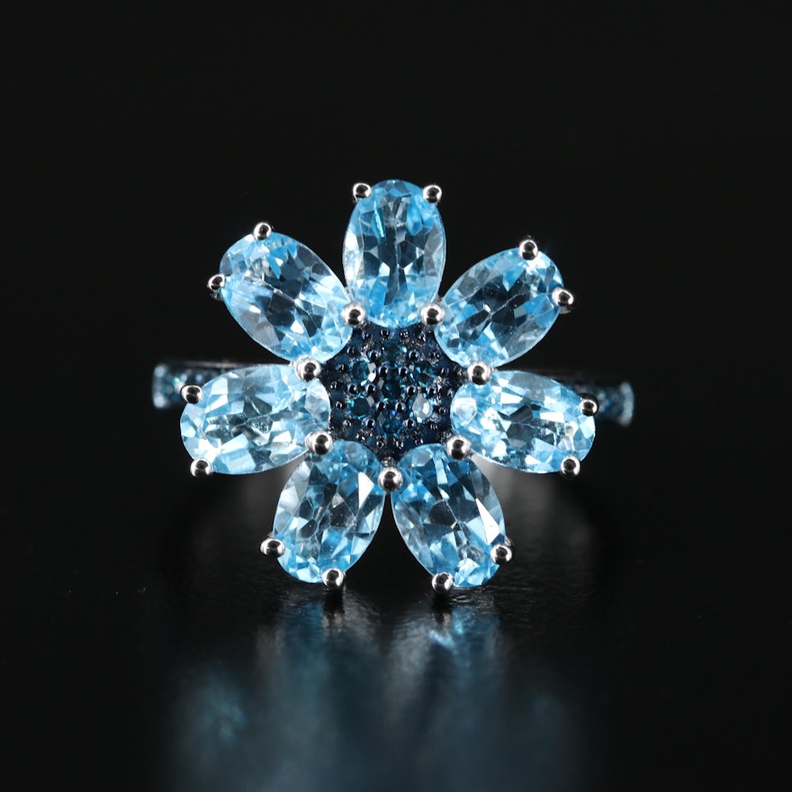 Sterling Topaz and Diamond Flower Ring