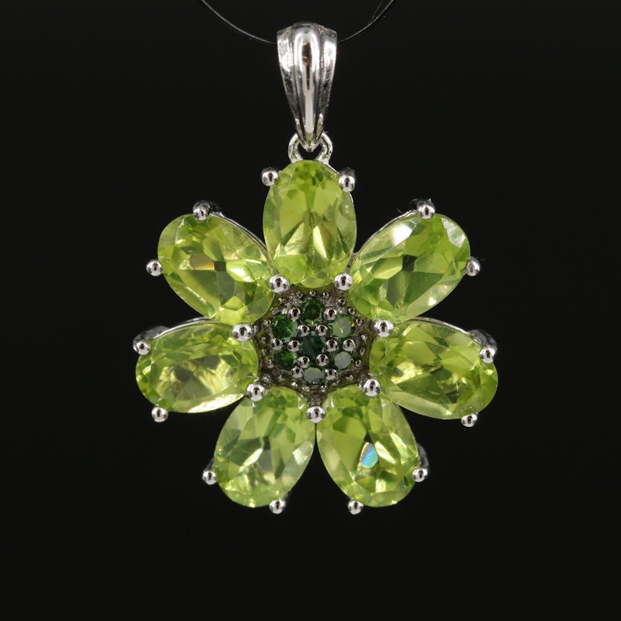 Sterling Silver Peridot and Diamond Floral Pendant