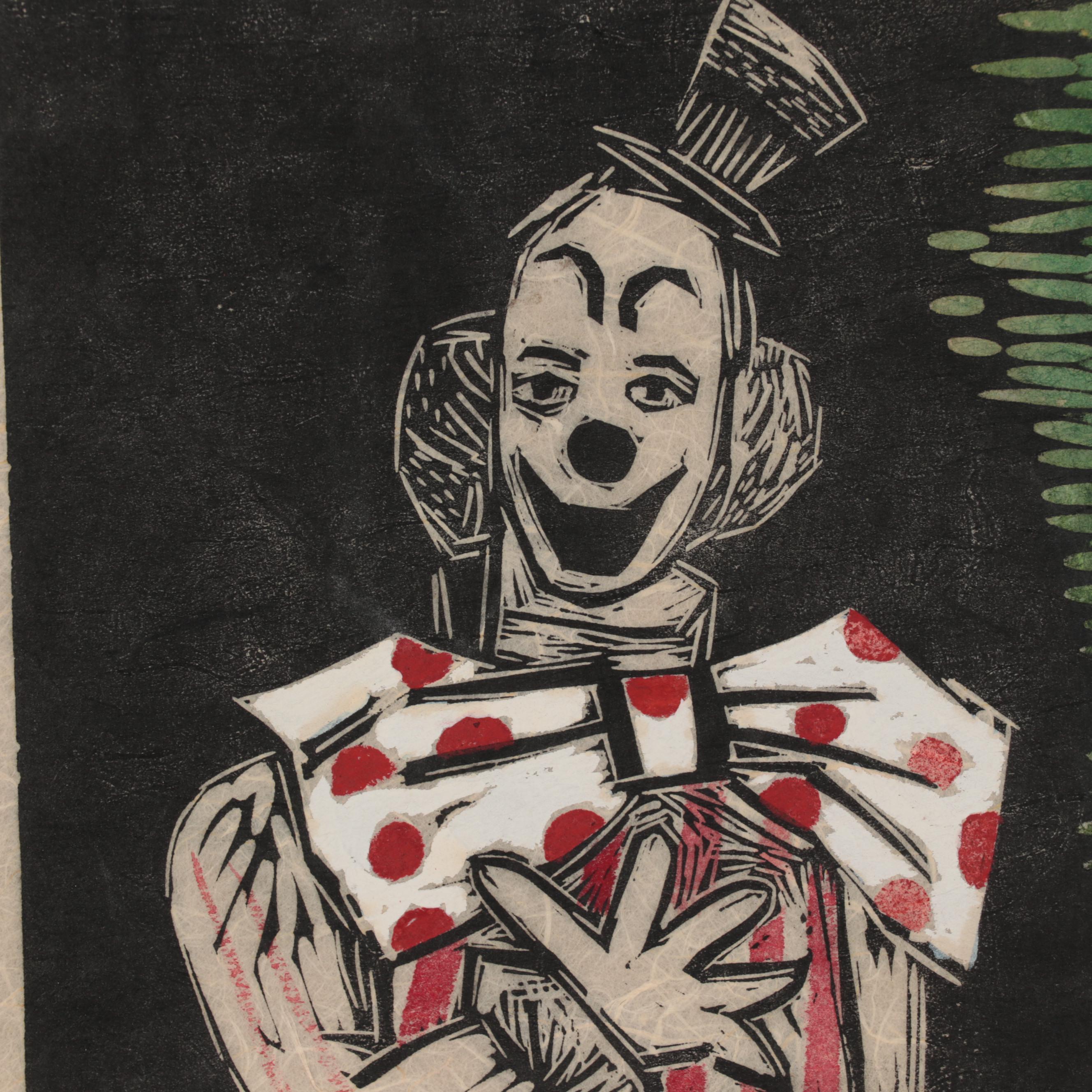 Henry Kallem Mixed Media Still Life Drawing and Woodcut "Clown," 1951