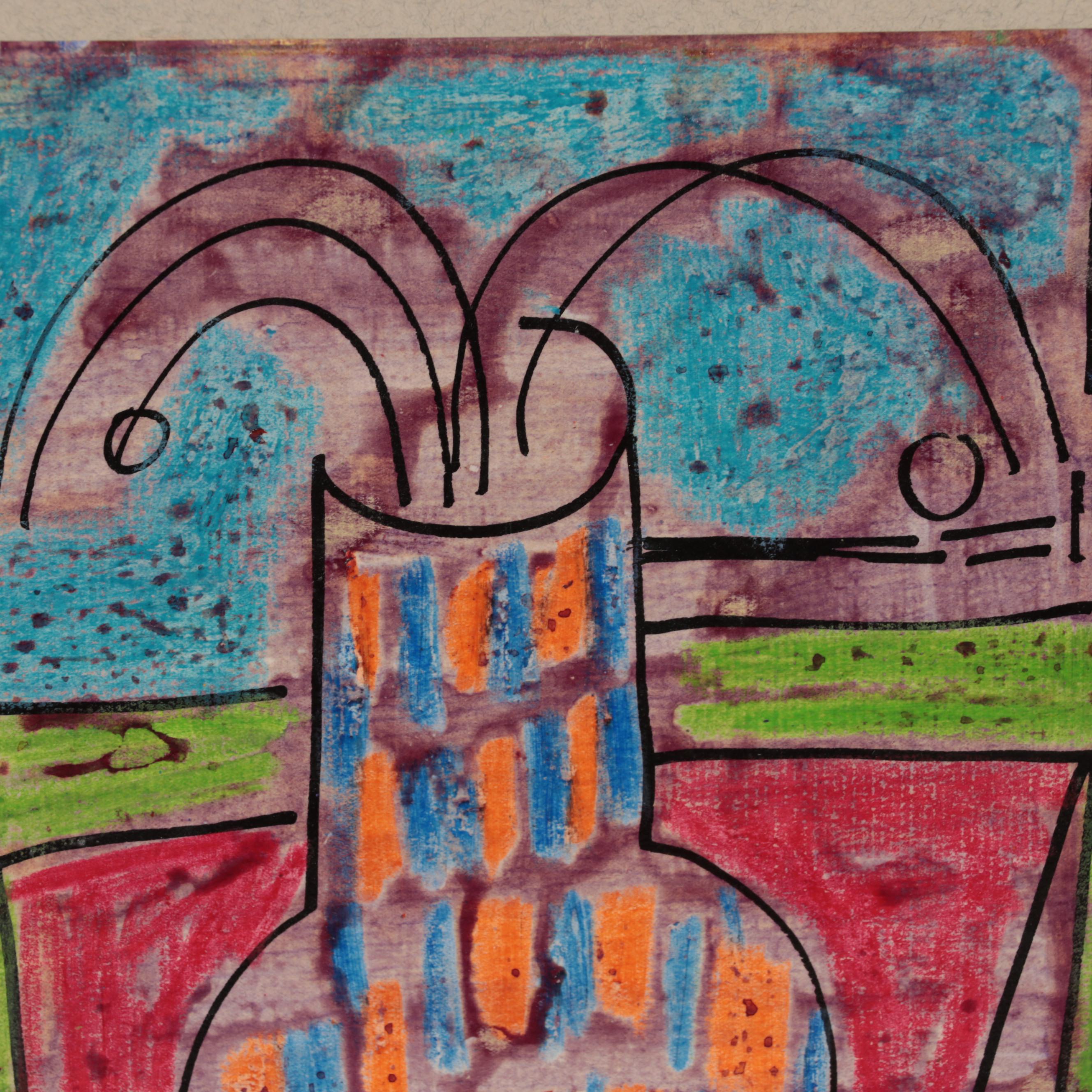 Henry Kallem Mixed Media Still Life Drawing and Woodcut "Clown," 1951