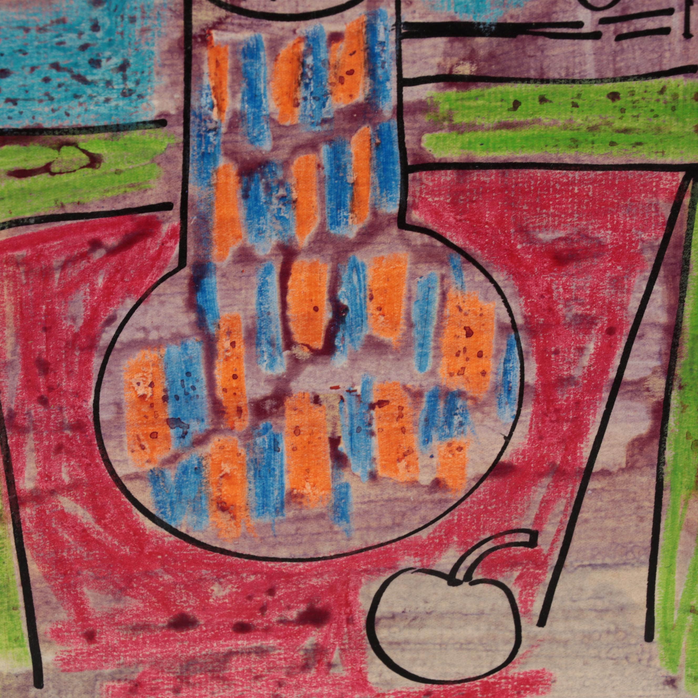 Henry Kallem Mixed Media Still Life Drawing and Woodcut "Clown," 1951