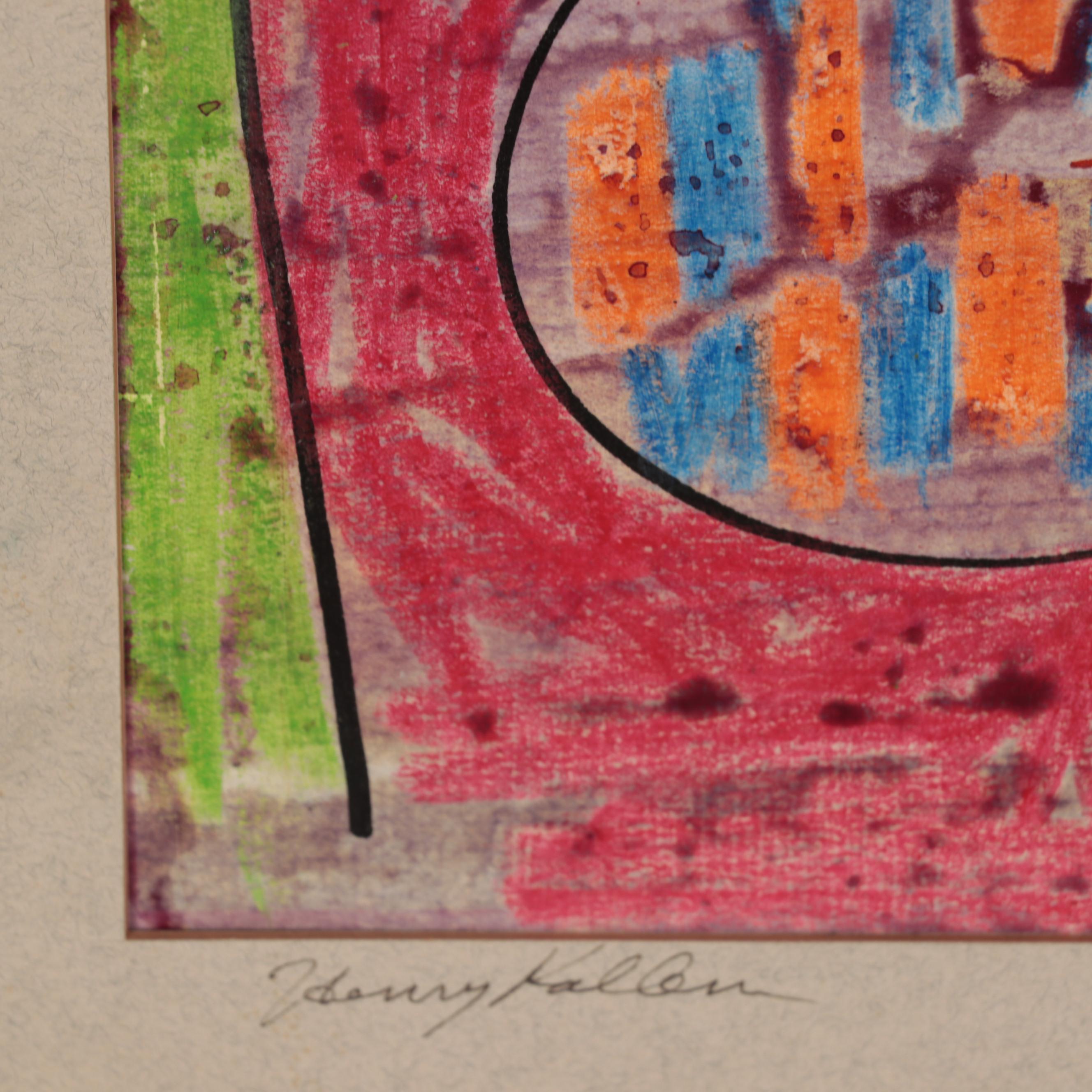 Henry Kallem Mixed Media Still Life Drawing and Woodcut "Clown," 1951