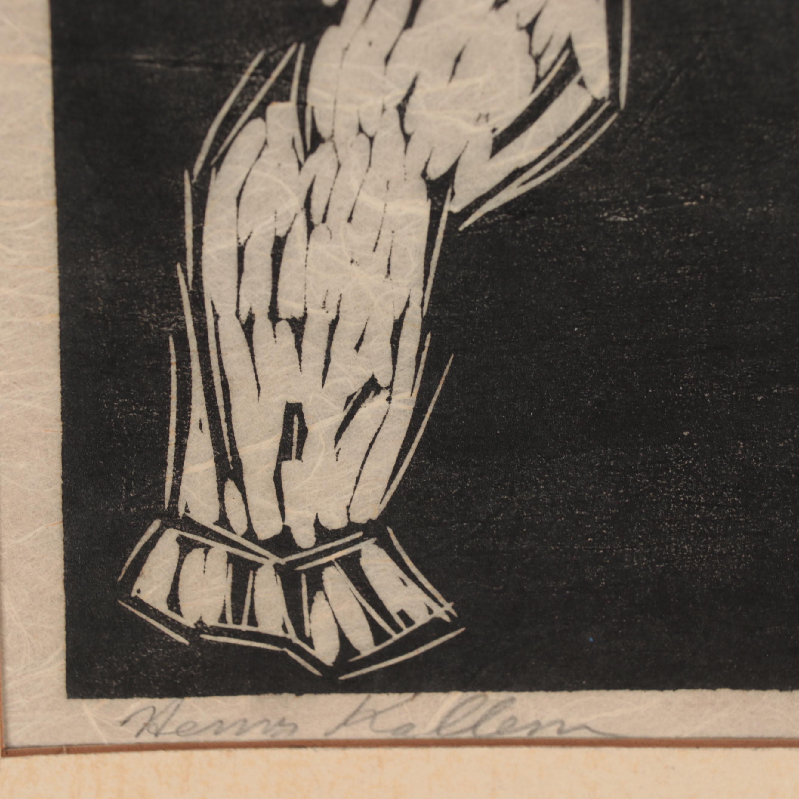 Henry Kallem Mixed Media Still Life Drawing and Woodcut "Clown," 1951