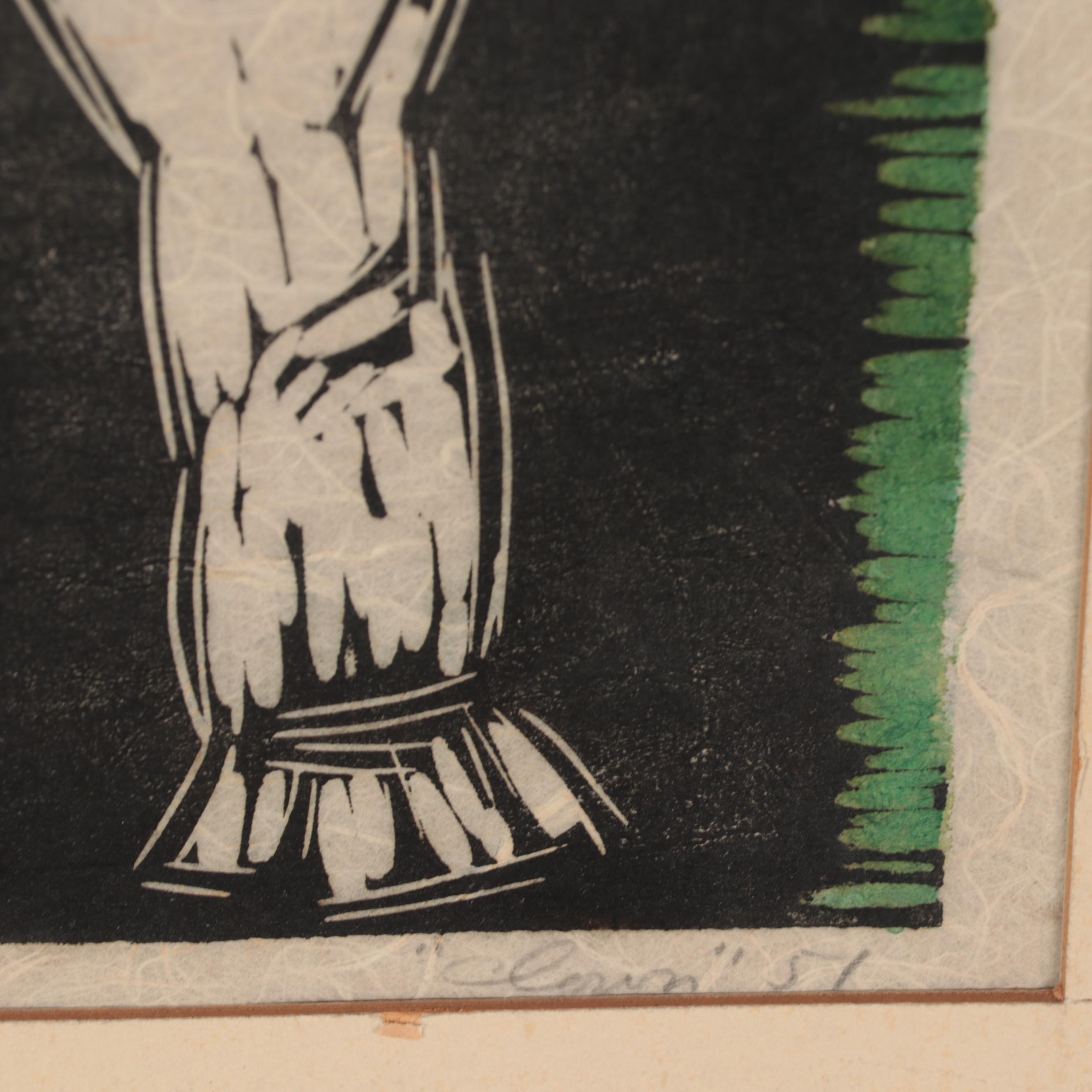 Henry Kallem Mixed Media Still Life Drawing and Woodcut "Clown," 1951