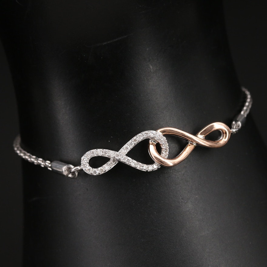 Sterling Diamond Infinity Bolo Bracelet with 10K Rose Gold Accents