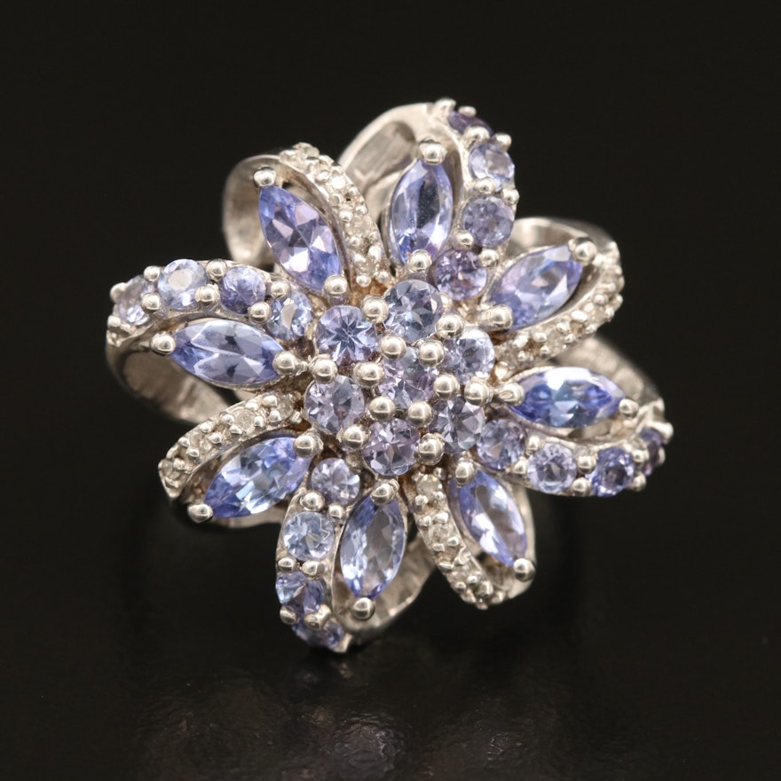 Sterling Tanzanite and Diamond Floral Ring