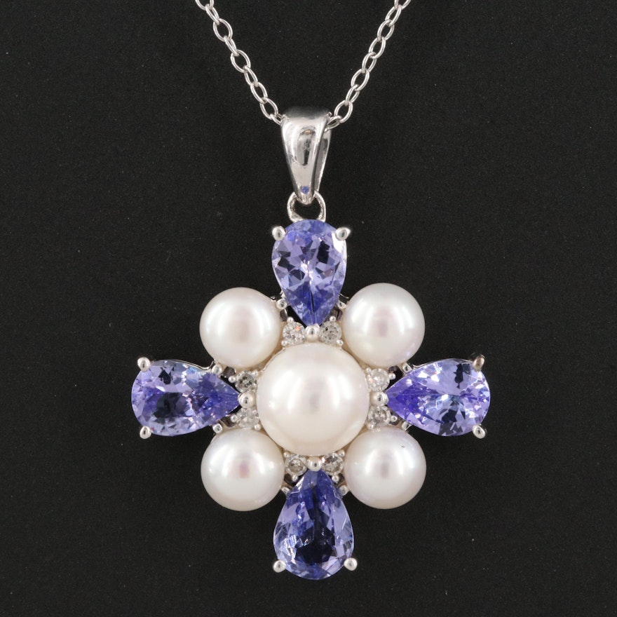 Sterling Pearl, Tanzanite and Diamond Pendant Necklace