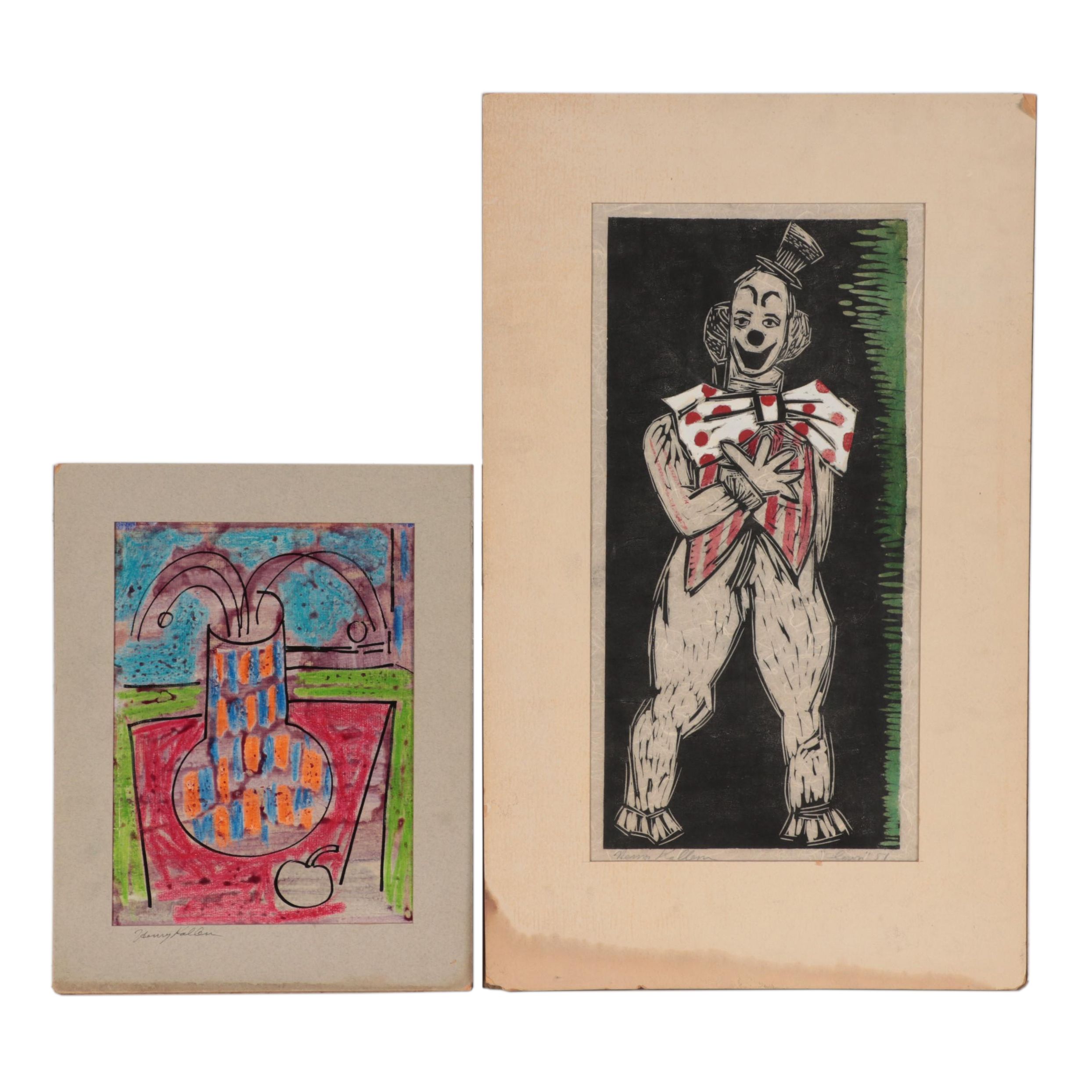 Henry Kallem Mixed Media Still Life Drawing and Woodcut "Clown," 1951