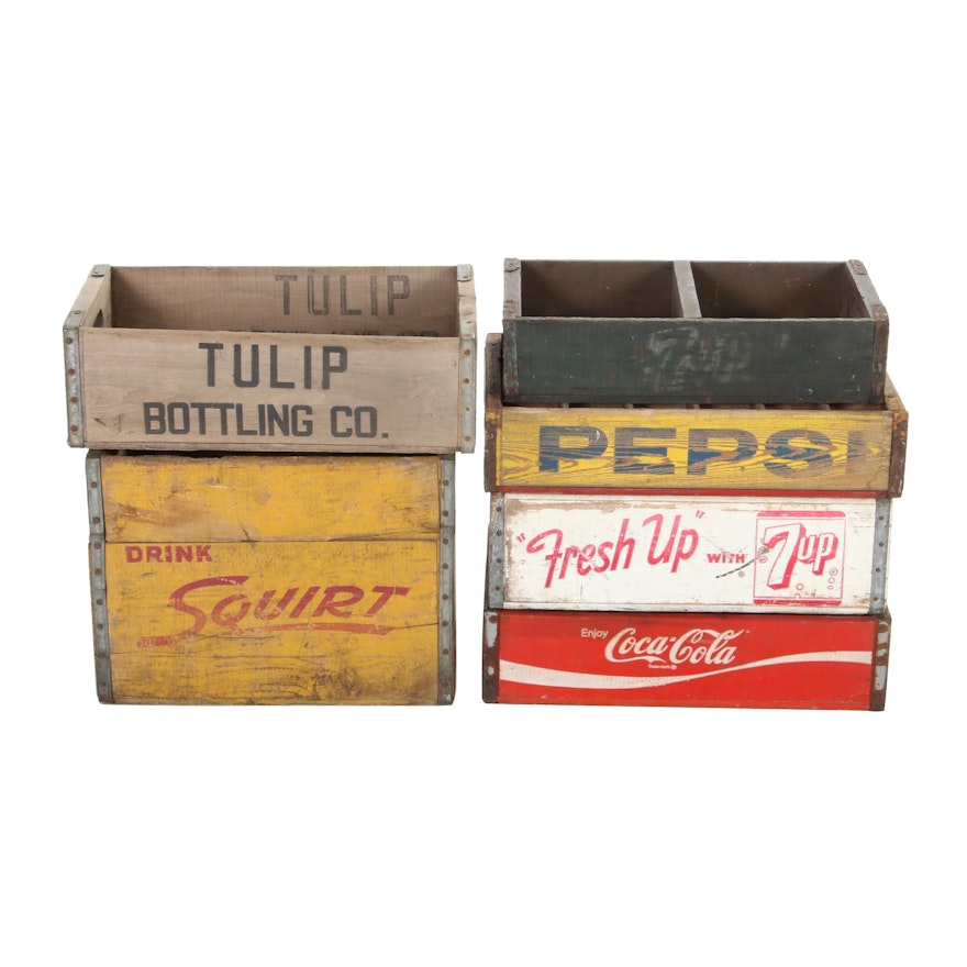 Coke, Pepsi, and Other Wooden Soda Crates, Mid-20th Century