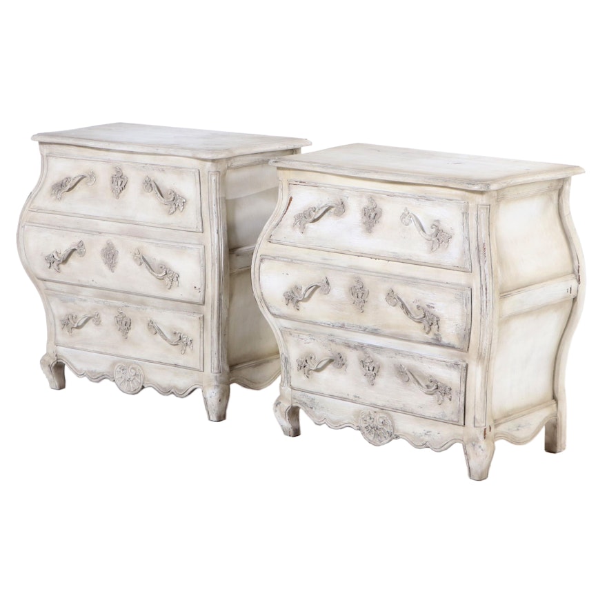 Baker Louis XV Style Pair of Painted Bombé Commode Chests