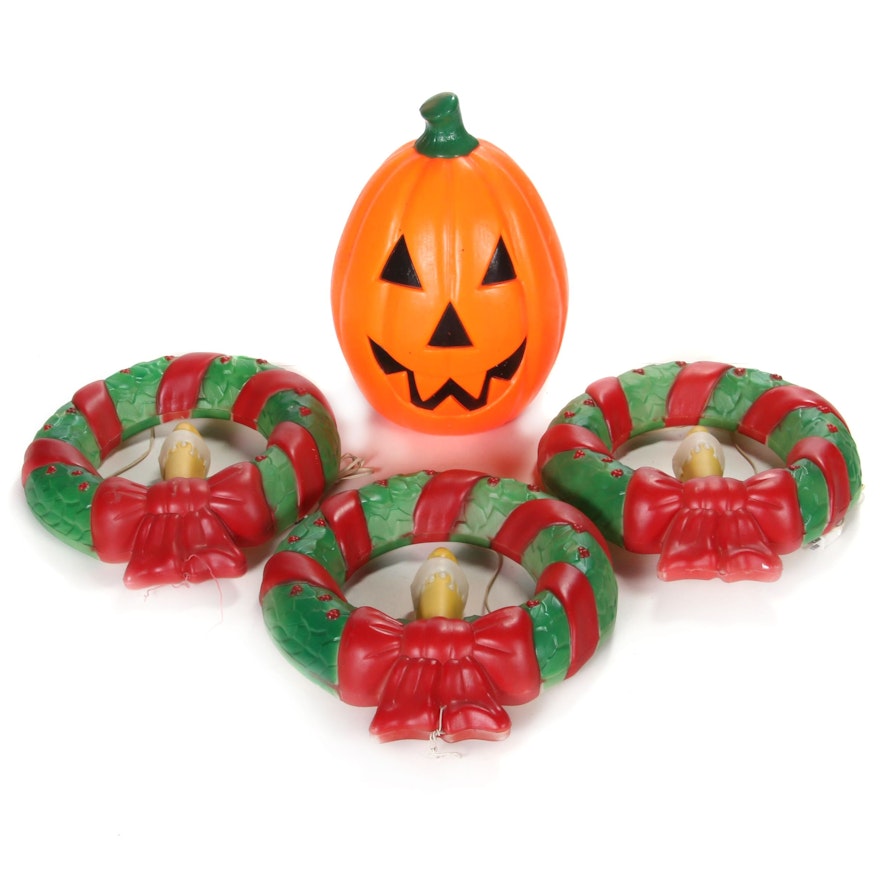 Blow Mold Jack-O-Lantern and Christmas Wreaths, Late 20th Century