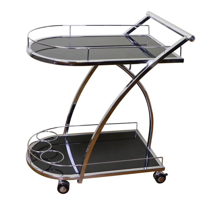 Chrome and Black Glass Rolling Bar Cart