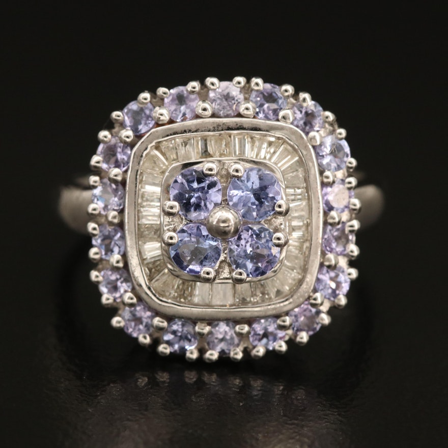 Sterling Tanzanite and Double Halo Ring