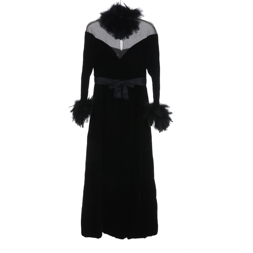 Couture, LTD Feather Trimmed Velvet and Chiffon Maxi Dress, Mid 20th C.