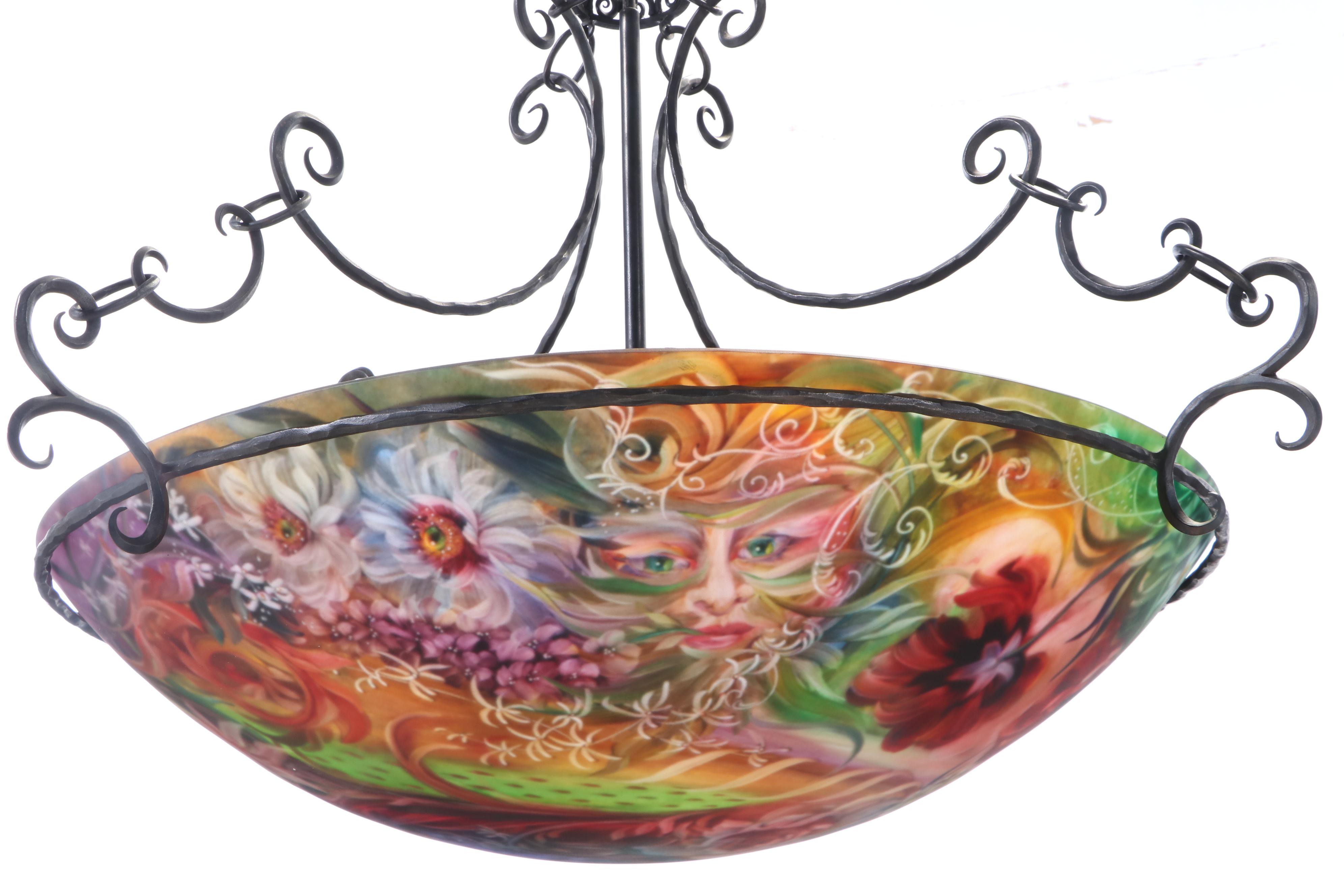 Signed Ulla Darni Reverse Hand-Painted Plafonnier Pendant Light