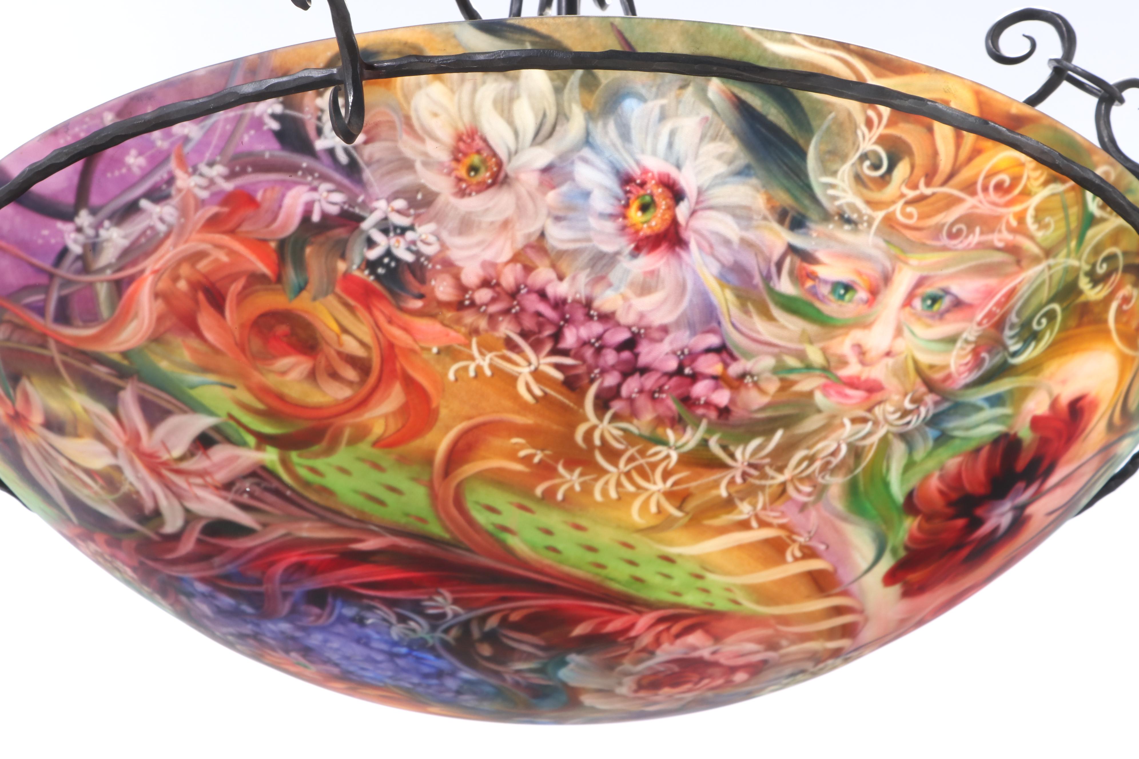 Signed Ulla Darni Reverse Hand-Painted Plafonnier Pendant Light
