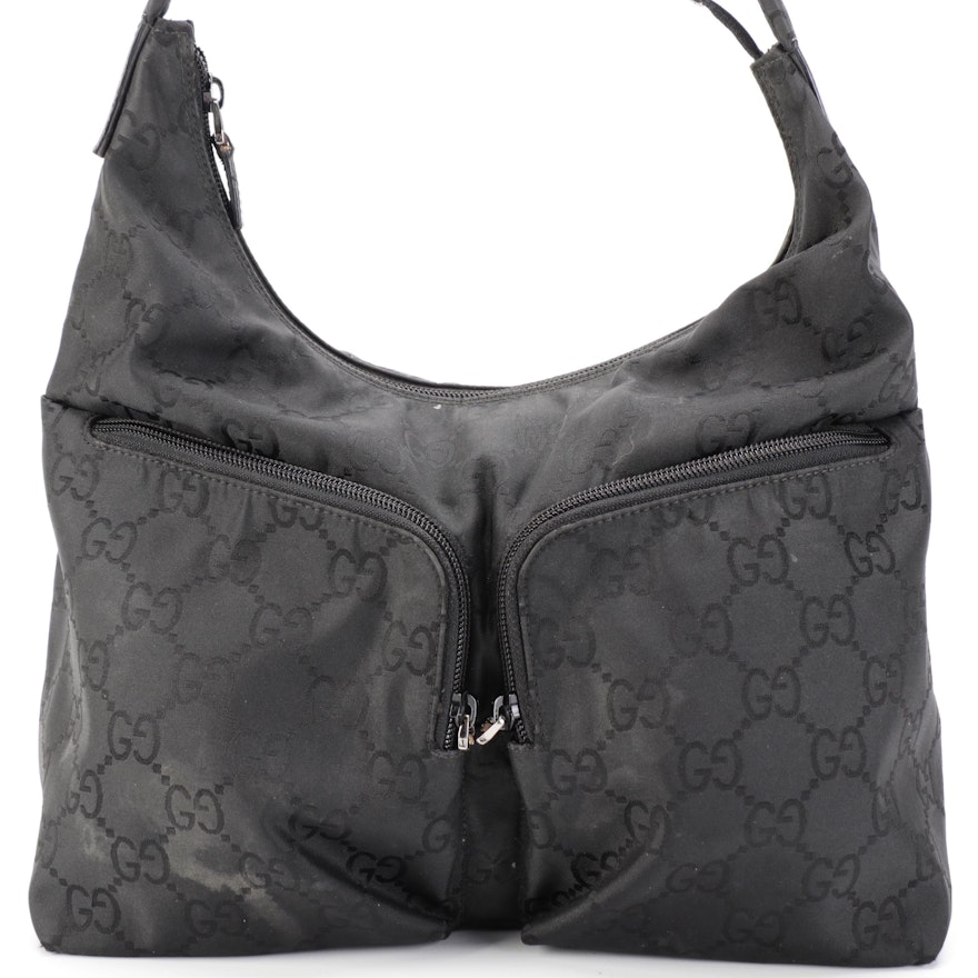 Gucci GG Double Pocket Hobo Bag in Black Monogram Nylon