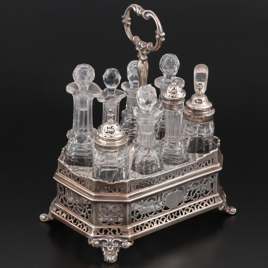 Victorian English Sterling Silver and Crystal Cruet Set, Mid-19th Century