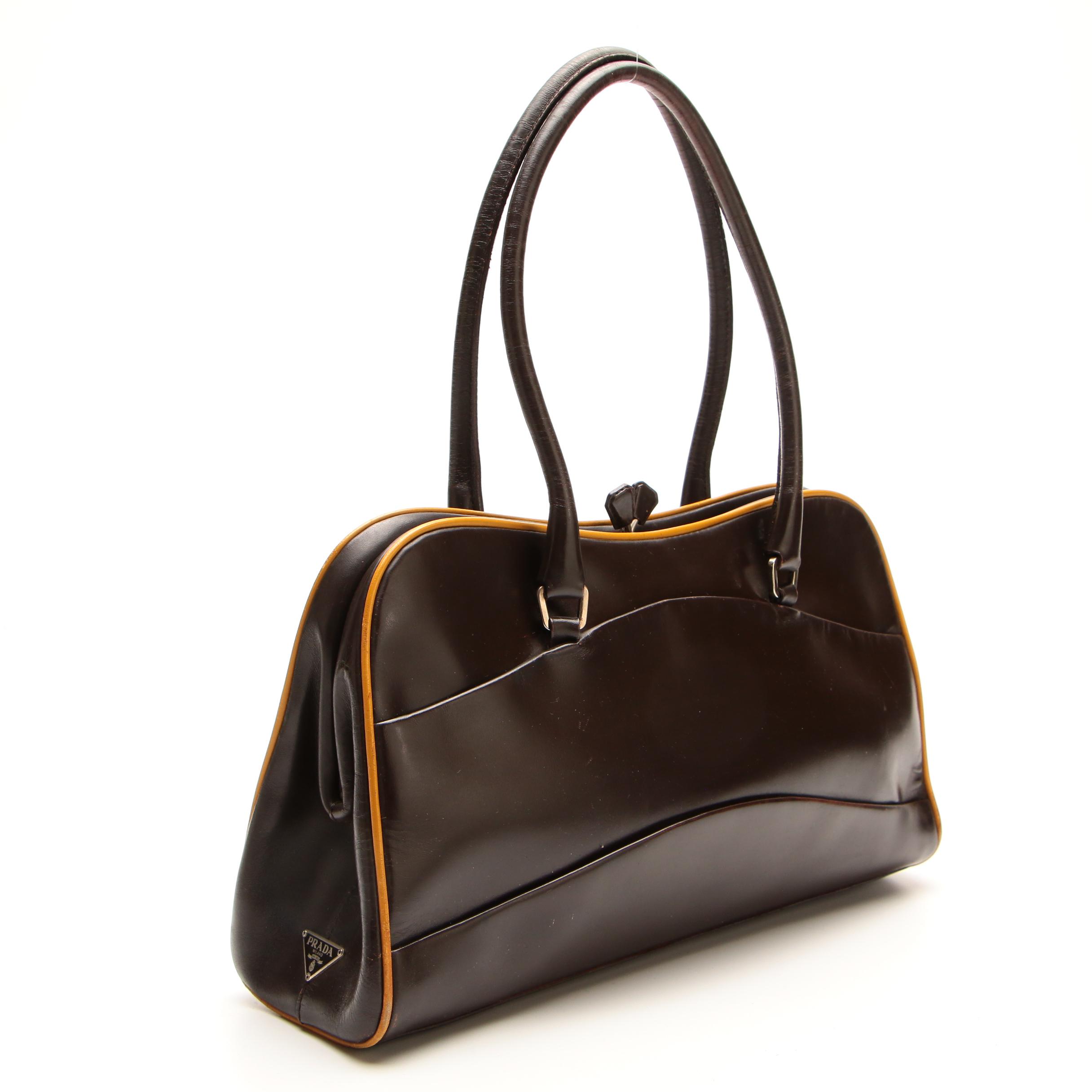 Prada Kisslock Shoulder Bag in Brown Leather with Yellow Trim