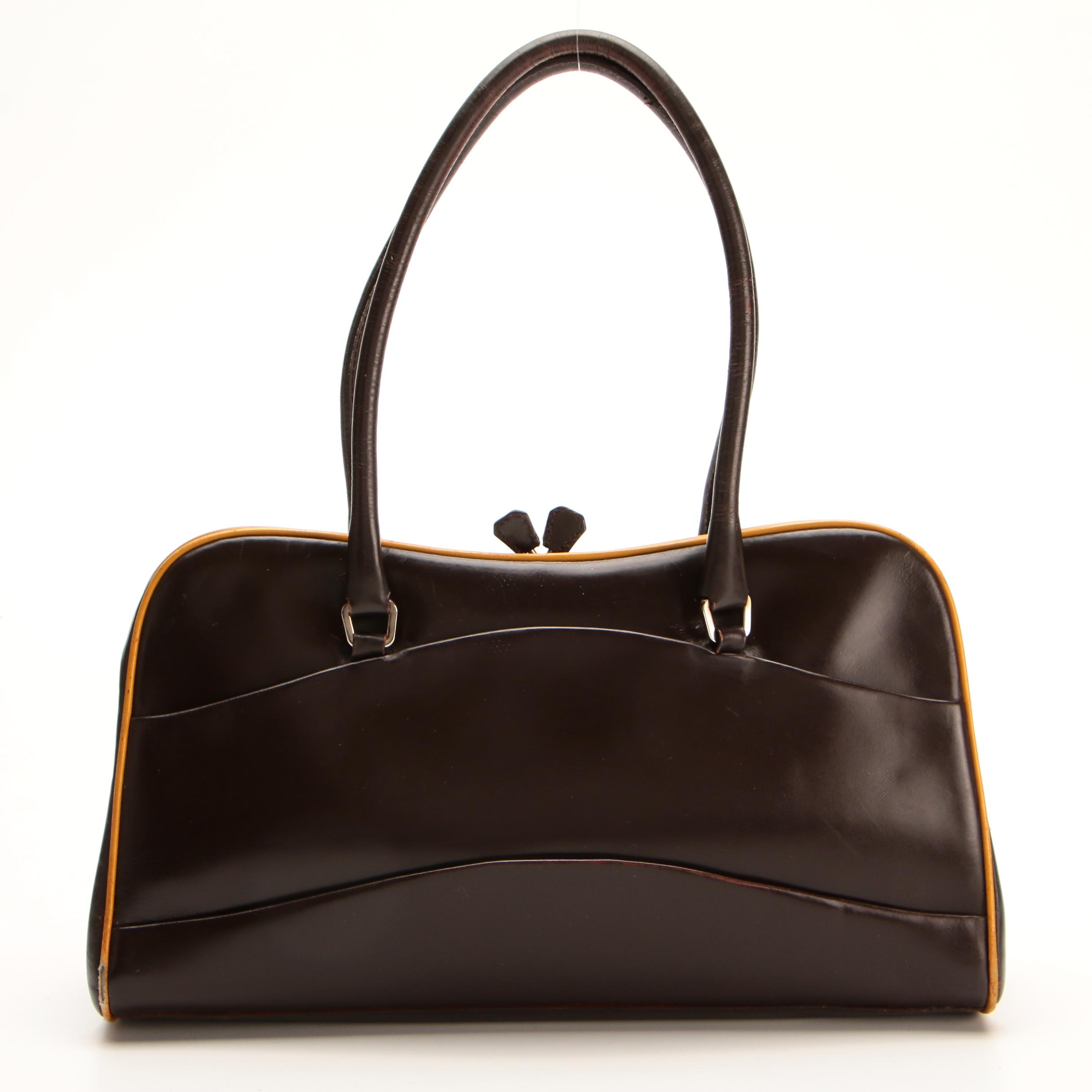 Prada Kisslock Shoulder Bag in Brown Leather with Yellow Trim