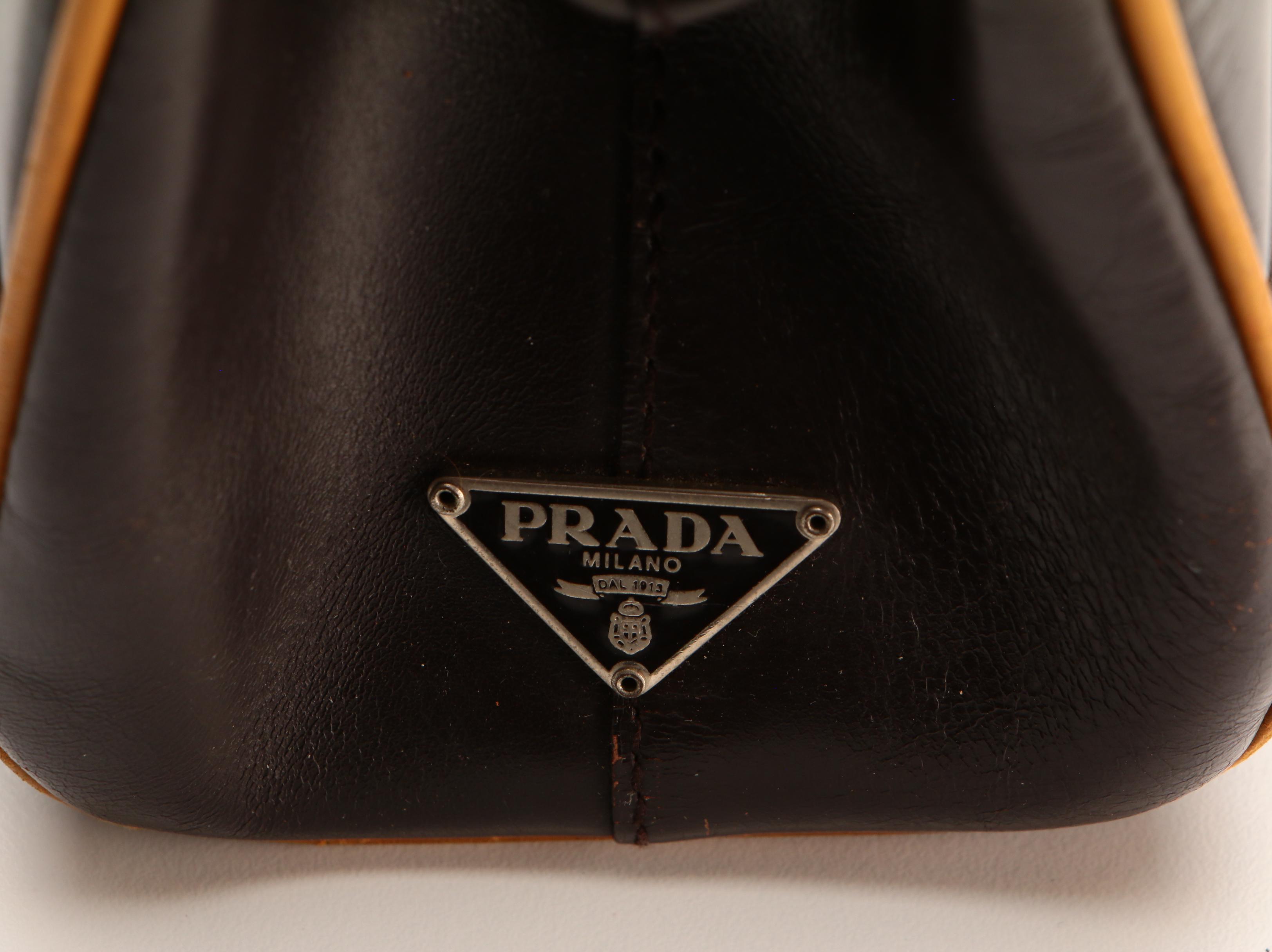 Prada Kisslock Shoulder Bag in Brown Leather with Yellow Trim