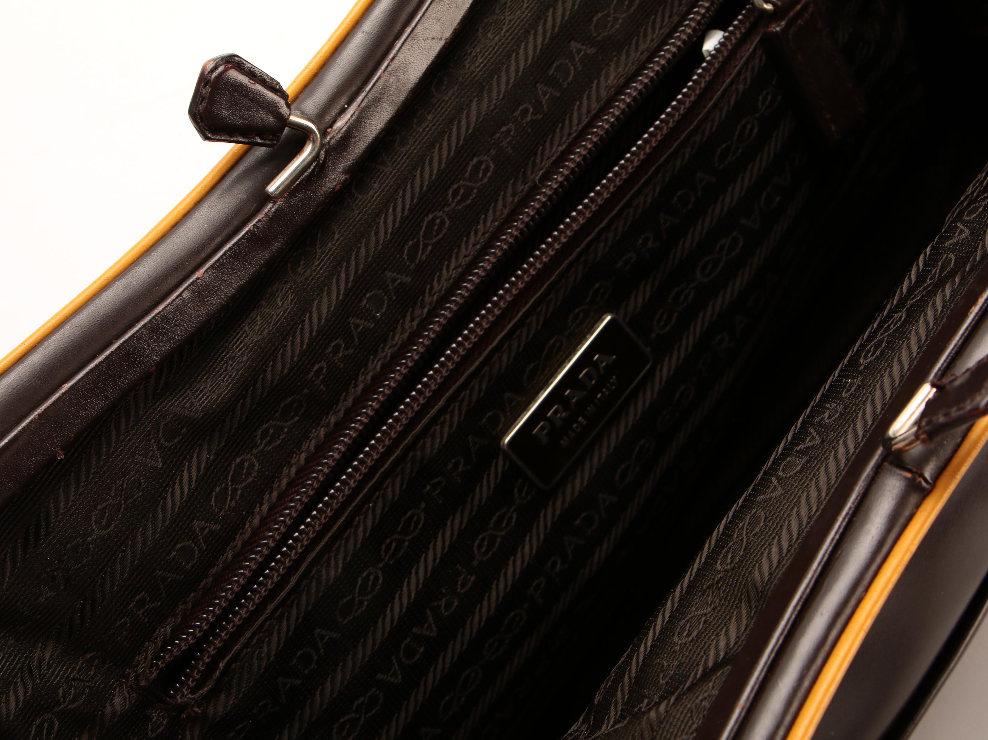 Prada Kisslock Shoulder Bag in Brown Leather with Yellow Trim