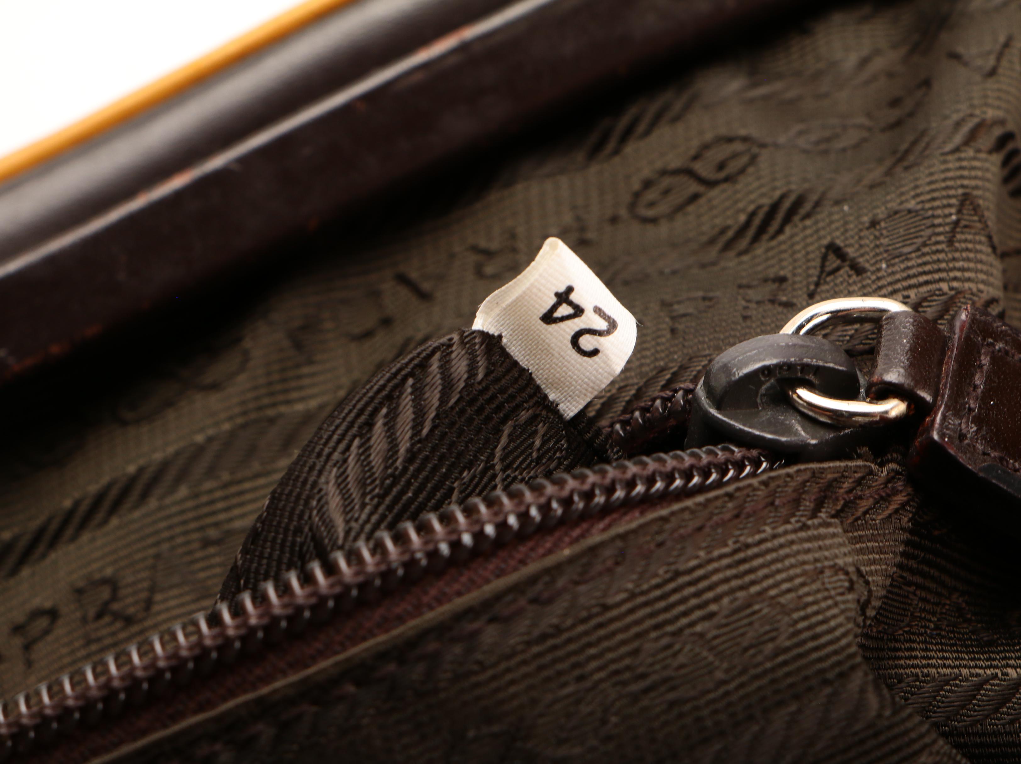 Prada Kisslock Shoulder Bag in Brown Leather with Yellow Trim