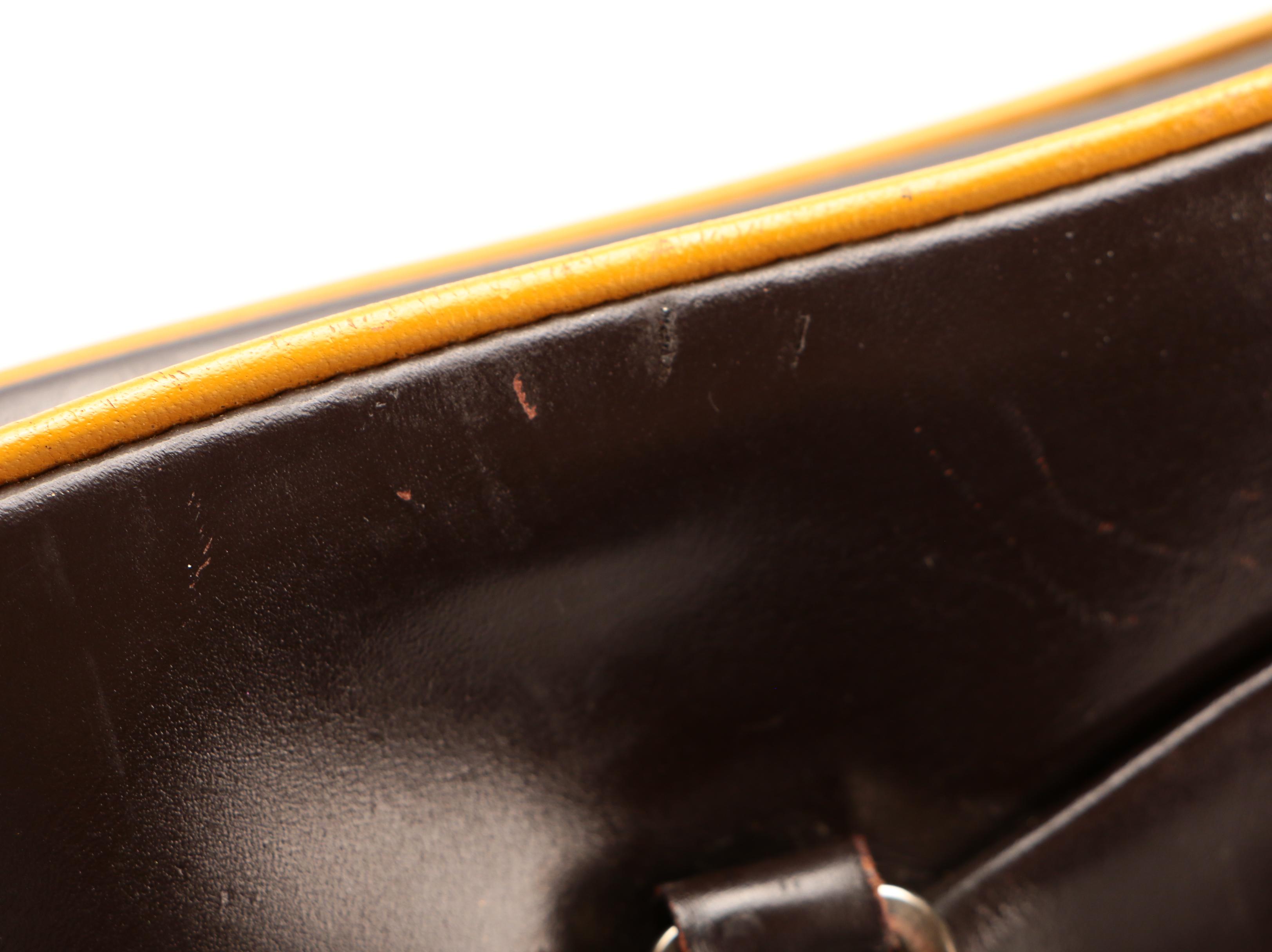 Prada Kisslock Shoulder Bag in Brown Leather with Yellow Trim