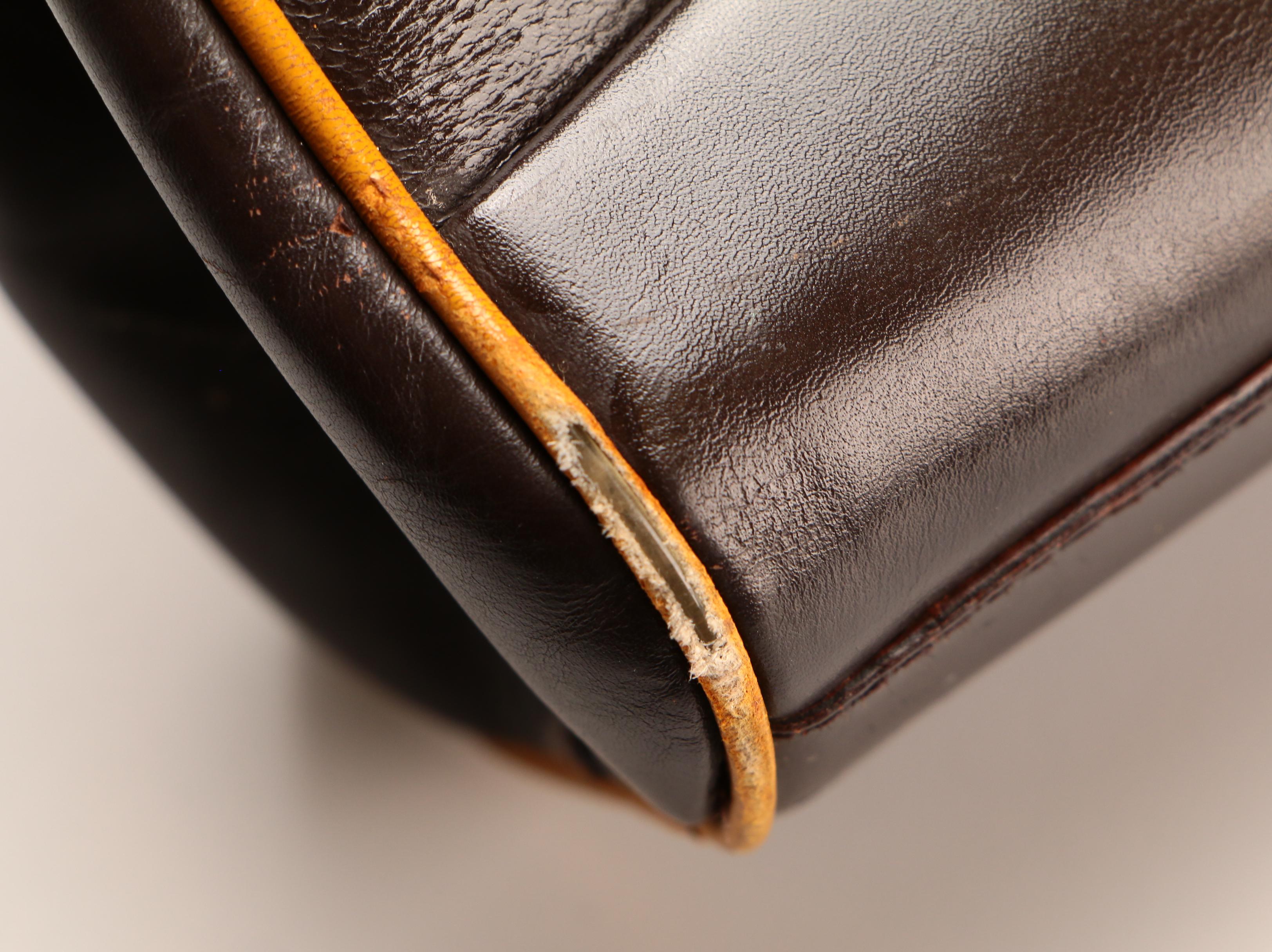 Prada Kisslock Shoulder Bag in Brown Leather with Yellow Trim