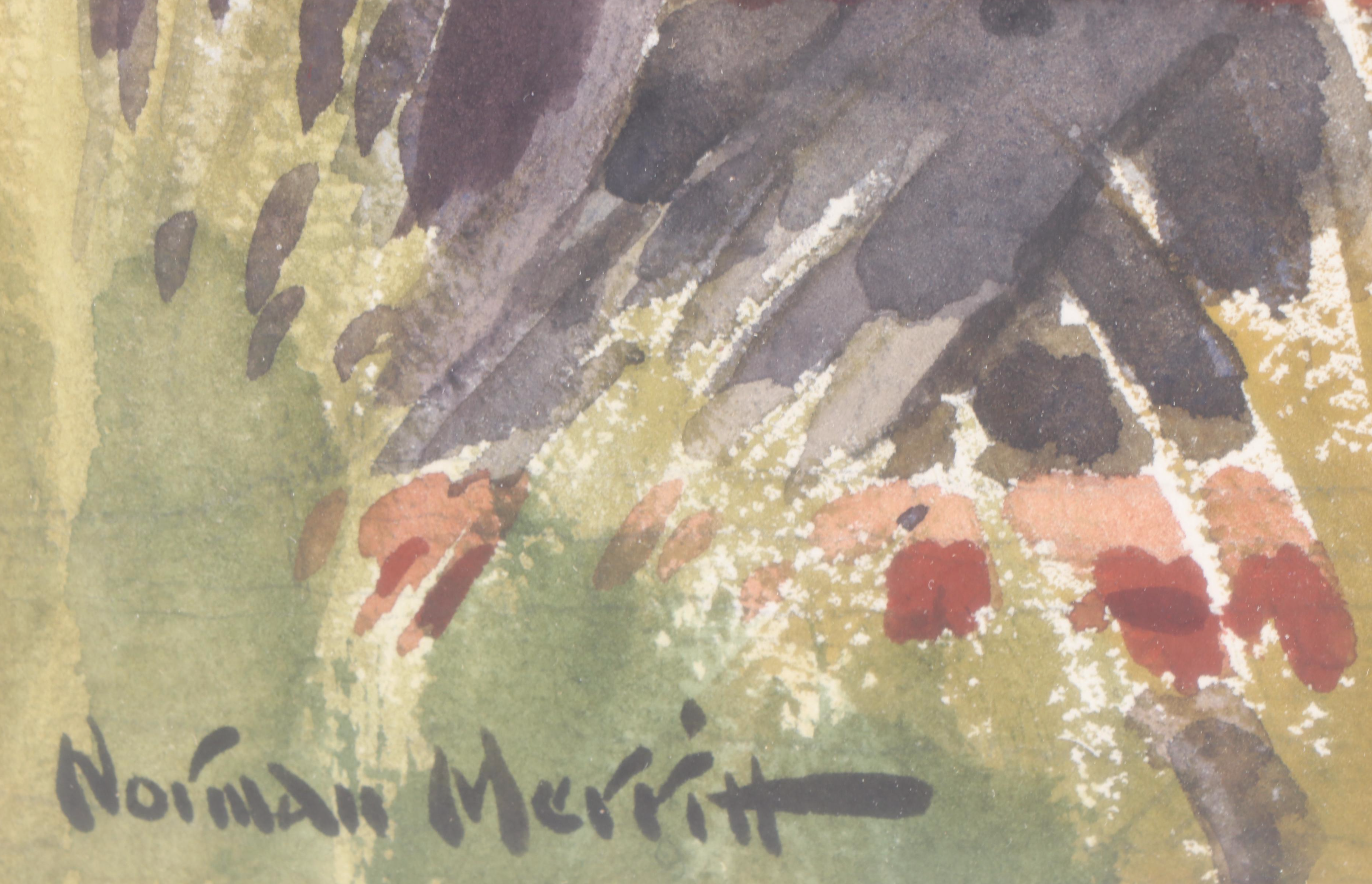 Norman Merritt Landscape Watercolor Painting of Train Station, Late 20th Century