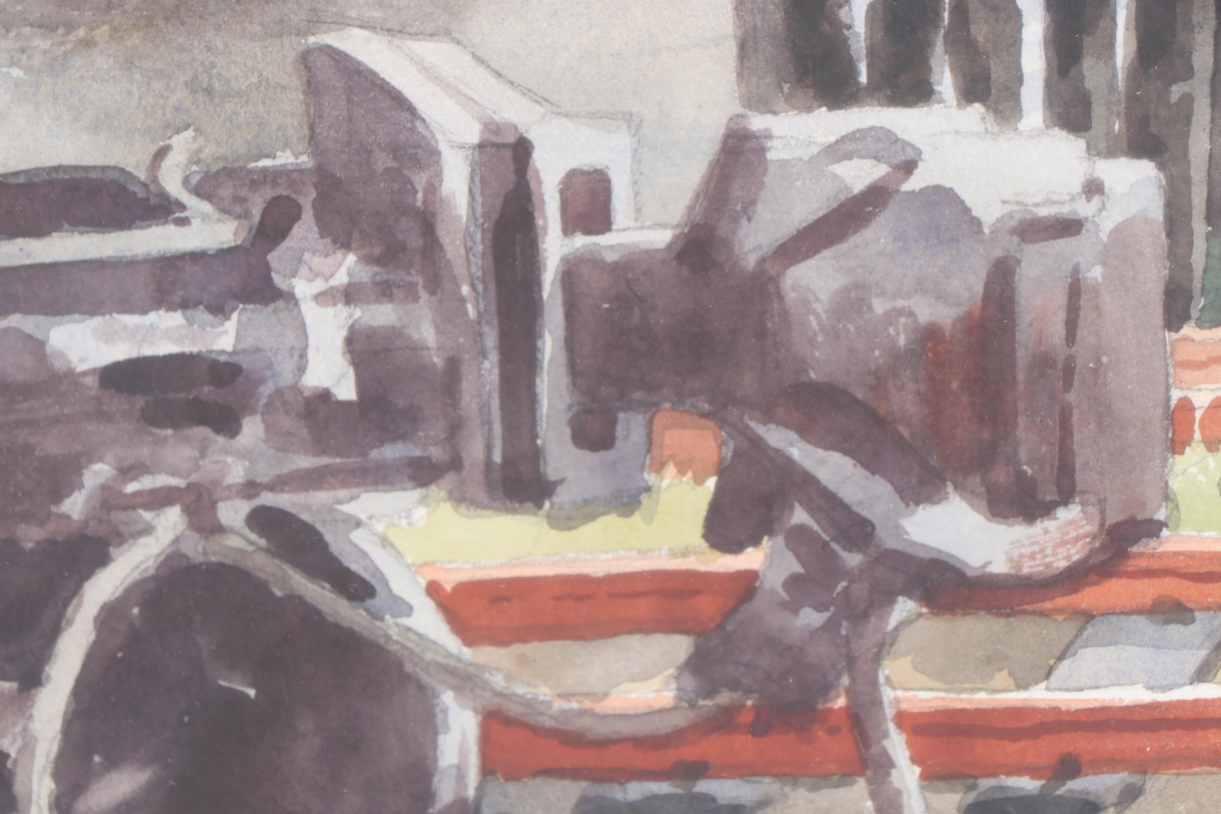 Norman Merritt Landscape Watercolor Painting of Train Station, Late 20th Century