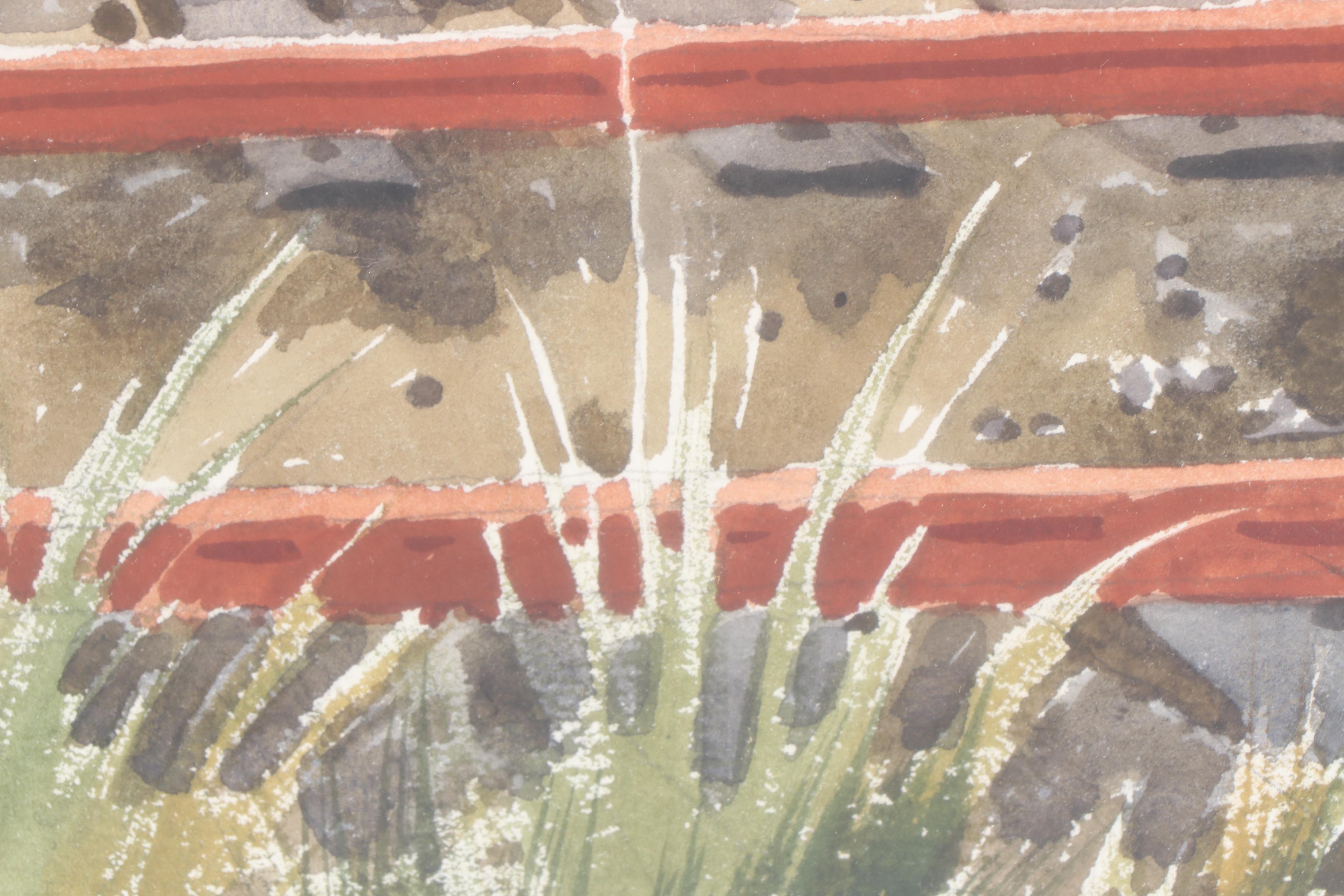 Norman Merritt Landscape Watercolor Painting of Train Station, Late 20th Century