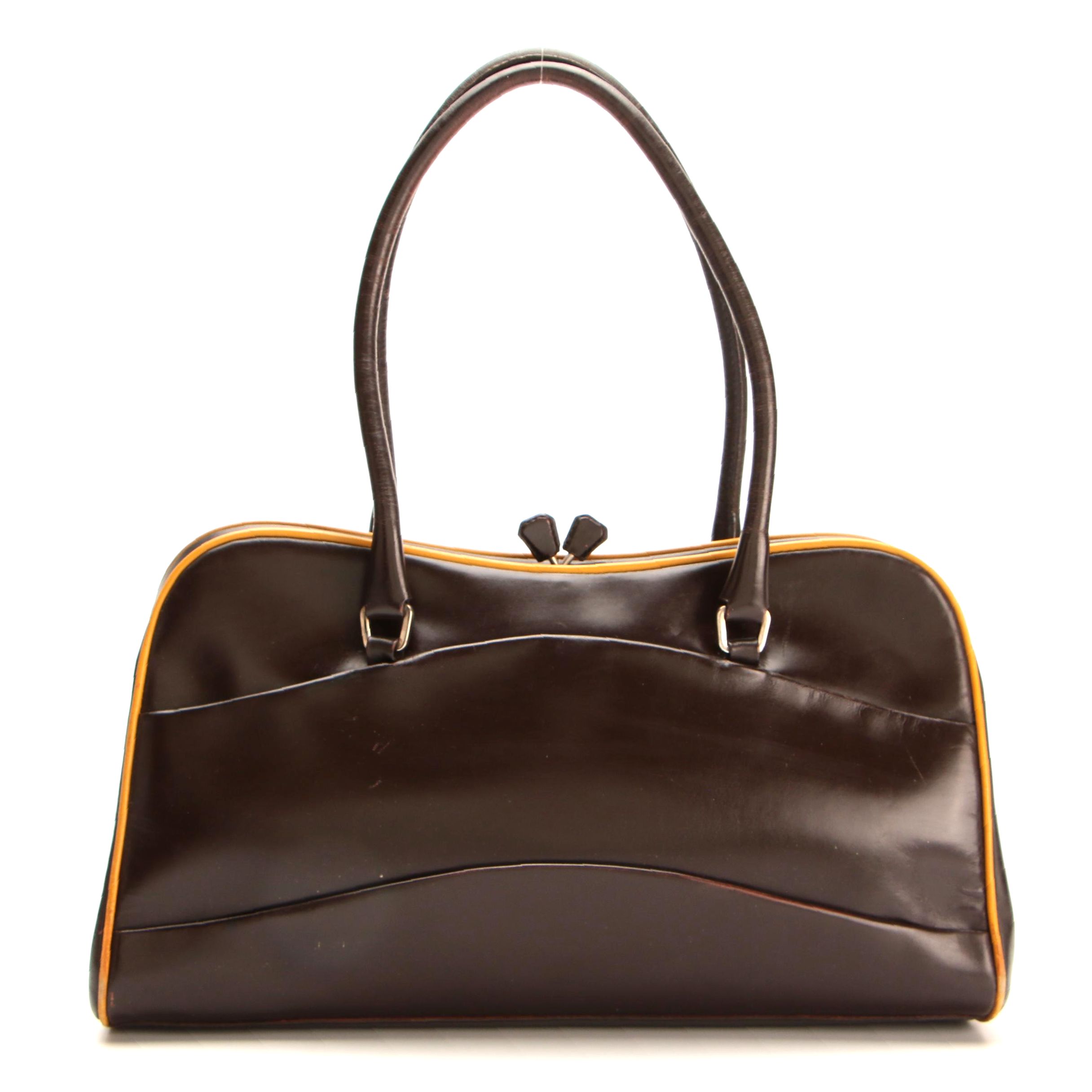 Prada Kisslock Shoulder Bag in Brown Leather with Yellow Trim