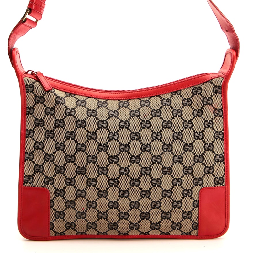 Gucci Shoulder Bag in GG Canvas with Red Leather Trim