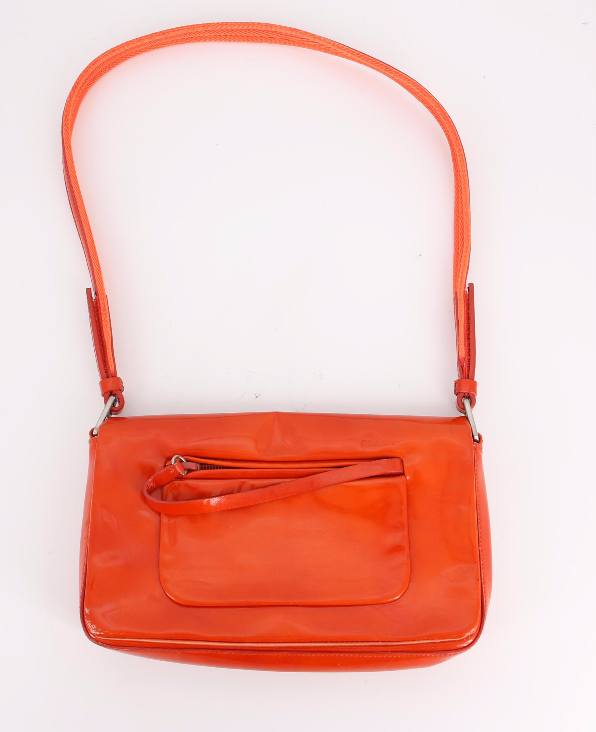 Prada Flap Front Shoulder Bag in Orange Patent Leather