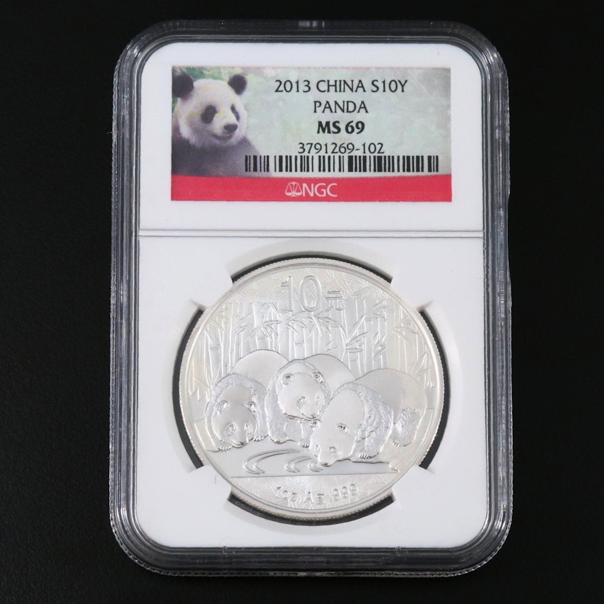 NGC Graded MS69 Chinese 10 Yuan .999 Fine Silver Proof Panda Coin, 2013