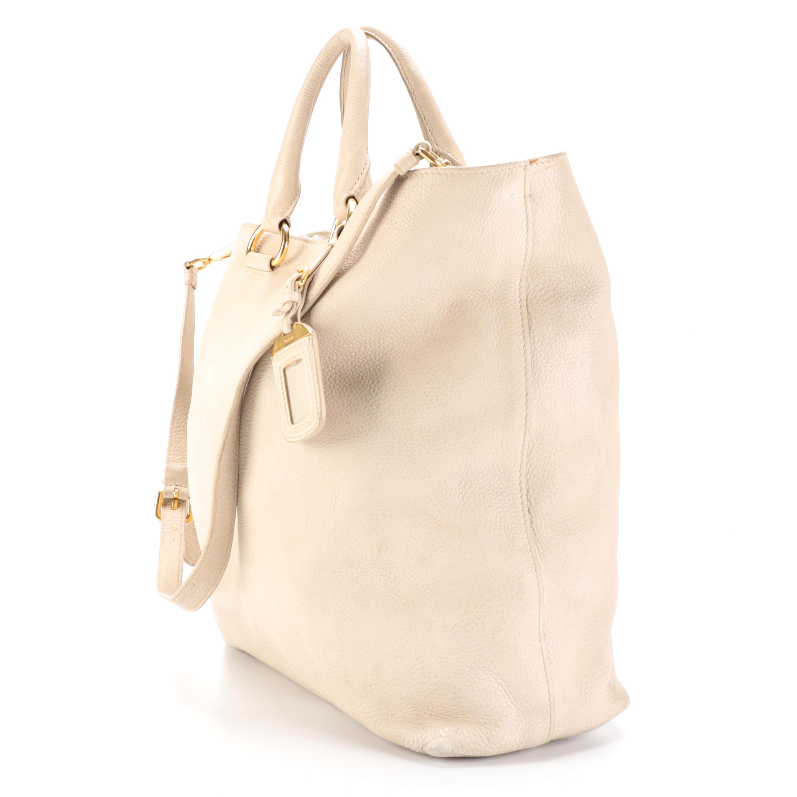 Prada Tote Bag in Pebbled Leather with Detachable Shoulder Strap