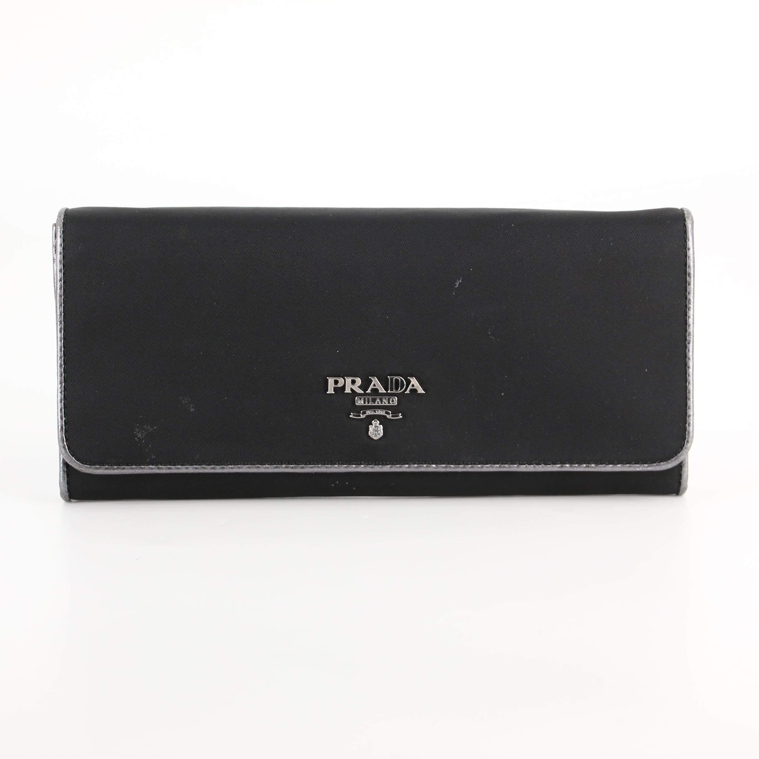 Prada Continental Wallet in Tessuto Nylon and Metallic Saffiano Leather with Box