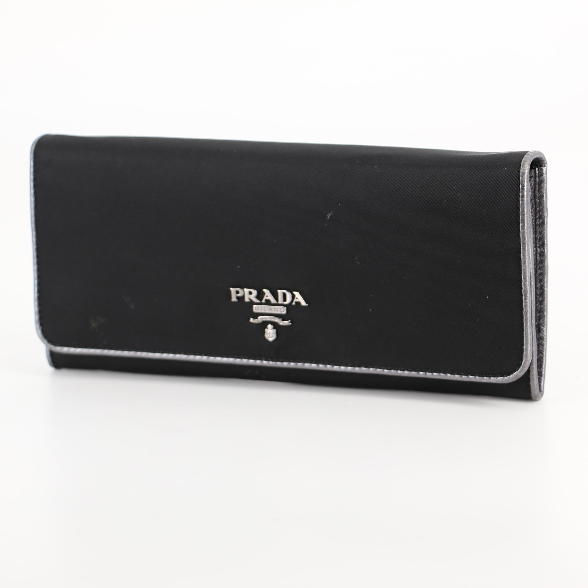 Prada Continental Wallet in Tessuto Nylon and Metallic Saffiano Leather with Box