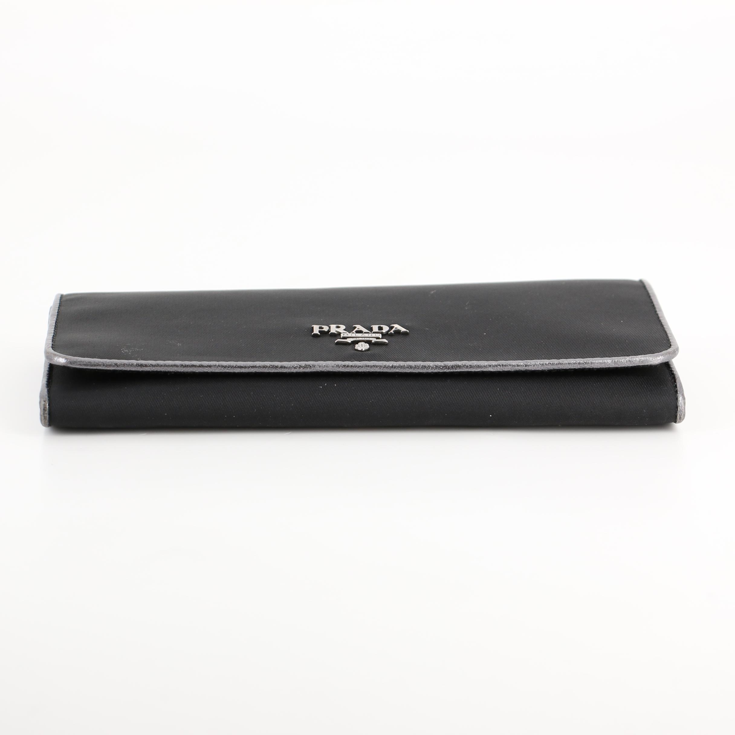 Prada Continental Wallet in Tessuto Nylon and Metallic Saffiano Leather with Box