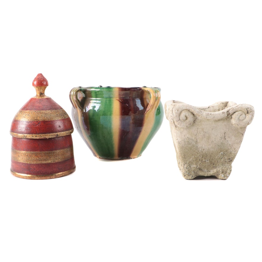 Terracotta and Ceramic Planters with Decorative Vessel