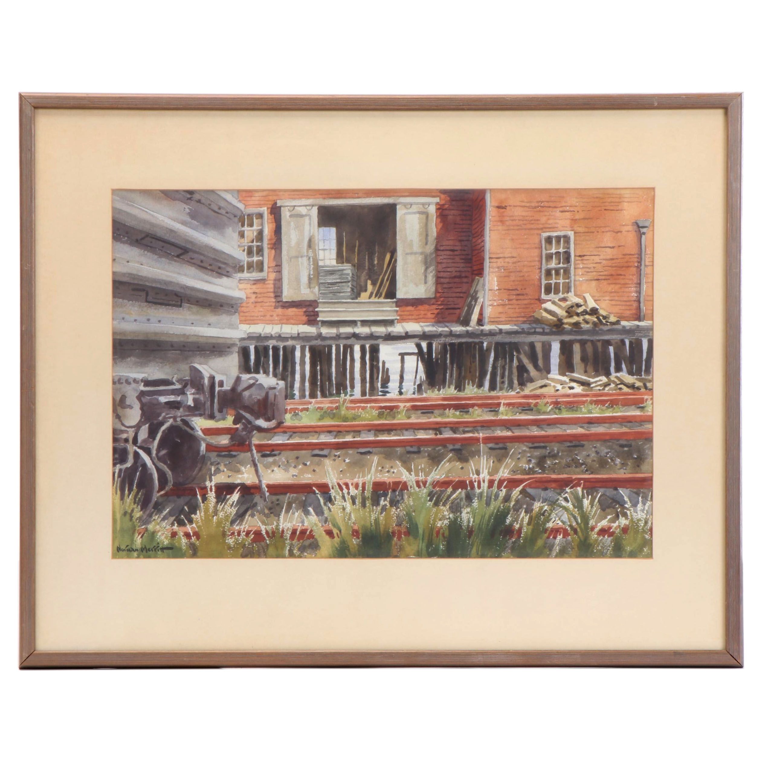 Norman Merritt Landscape Watercolor Painting of Train Station, Late 20th Century