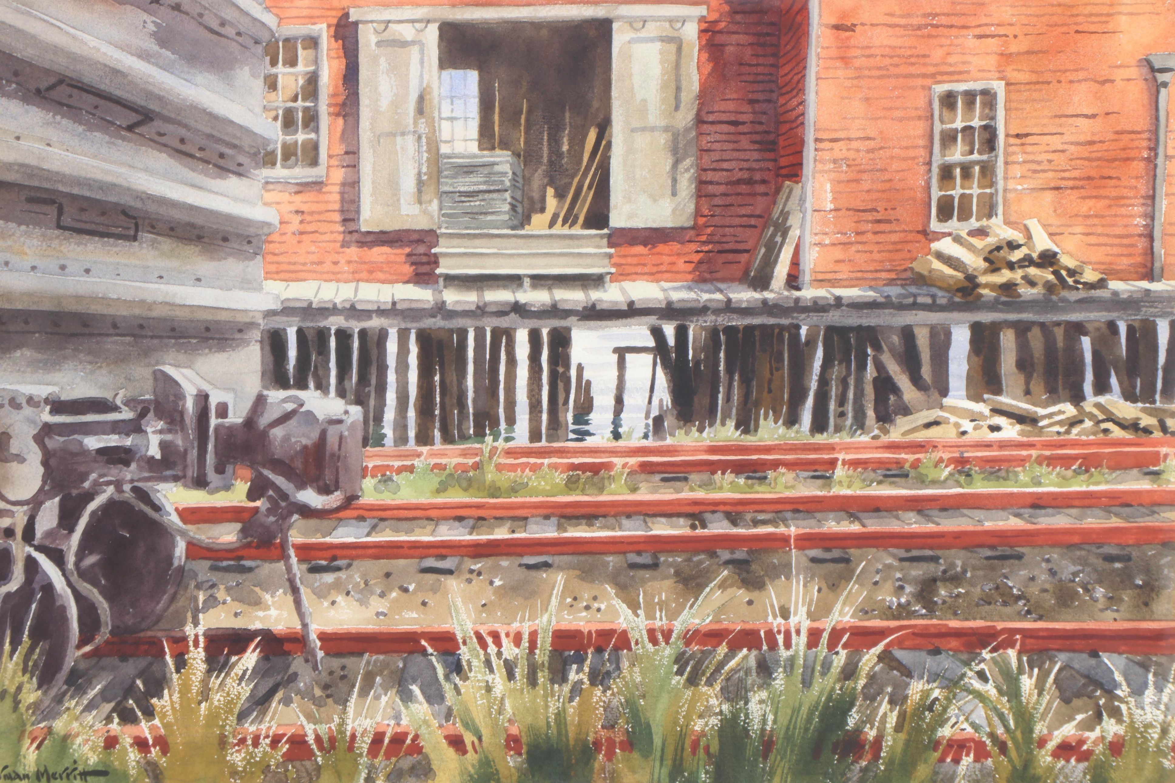 Norman Merritt Landscape Watercolor Painting of Train Station, Late 20th Century