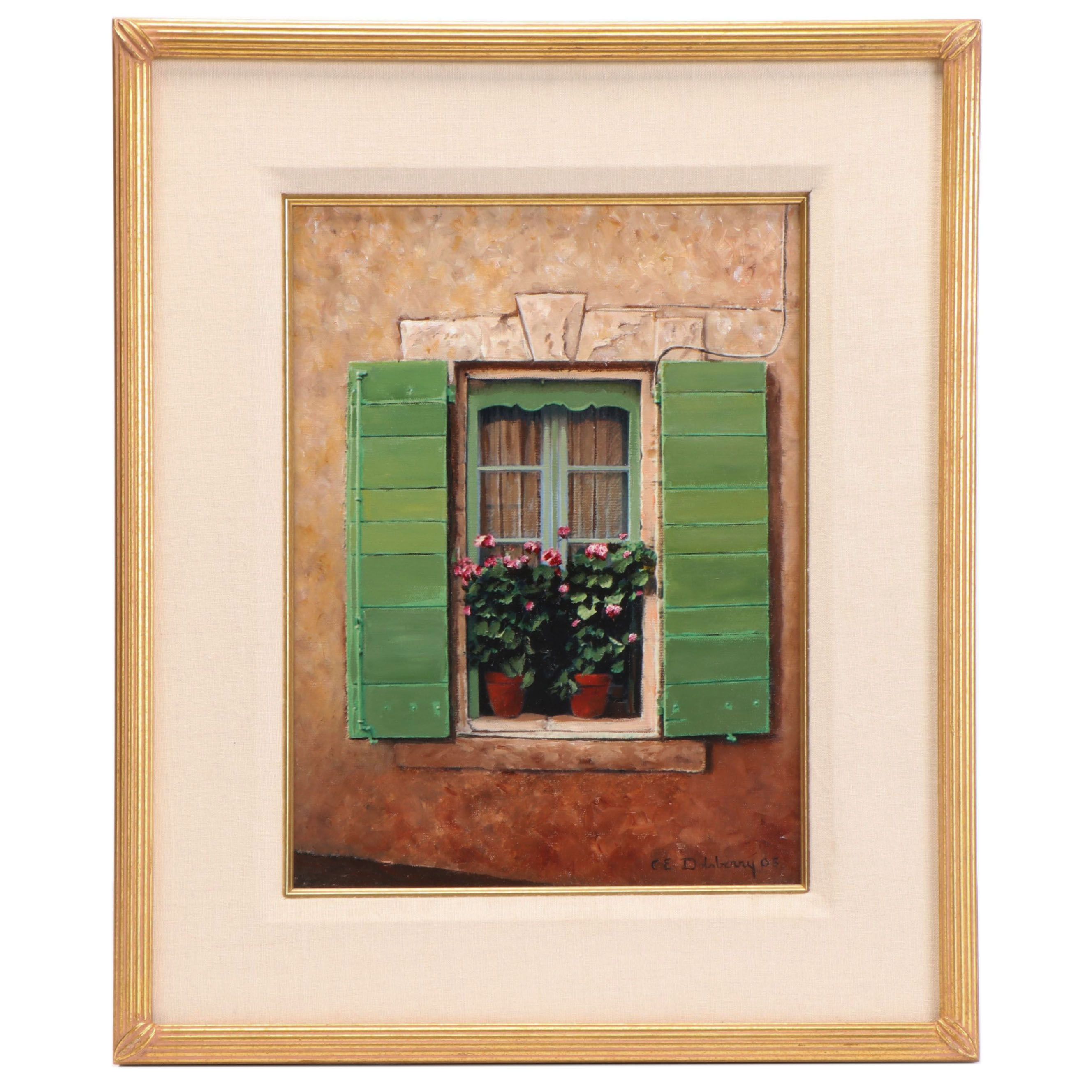 C.E. "Buzz" Dolsberry Oil Painting of Windowsill Flowers, 2005